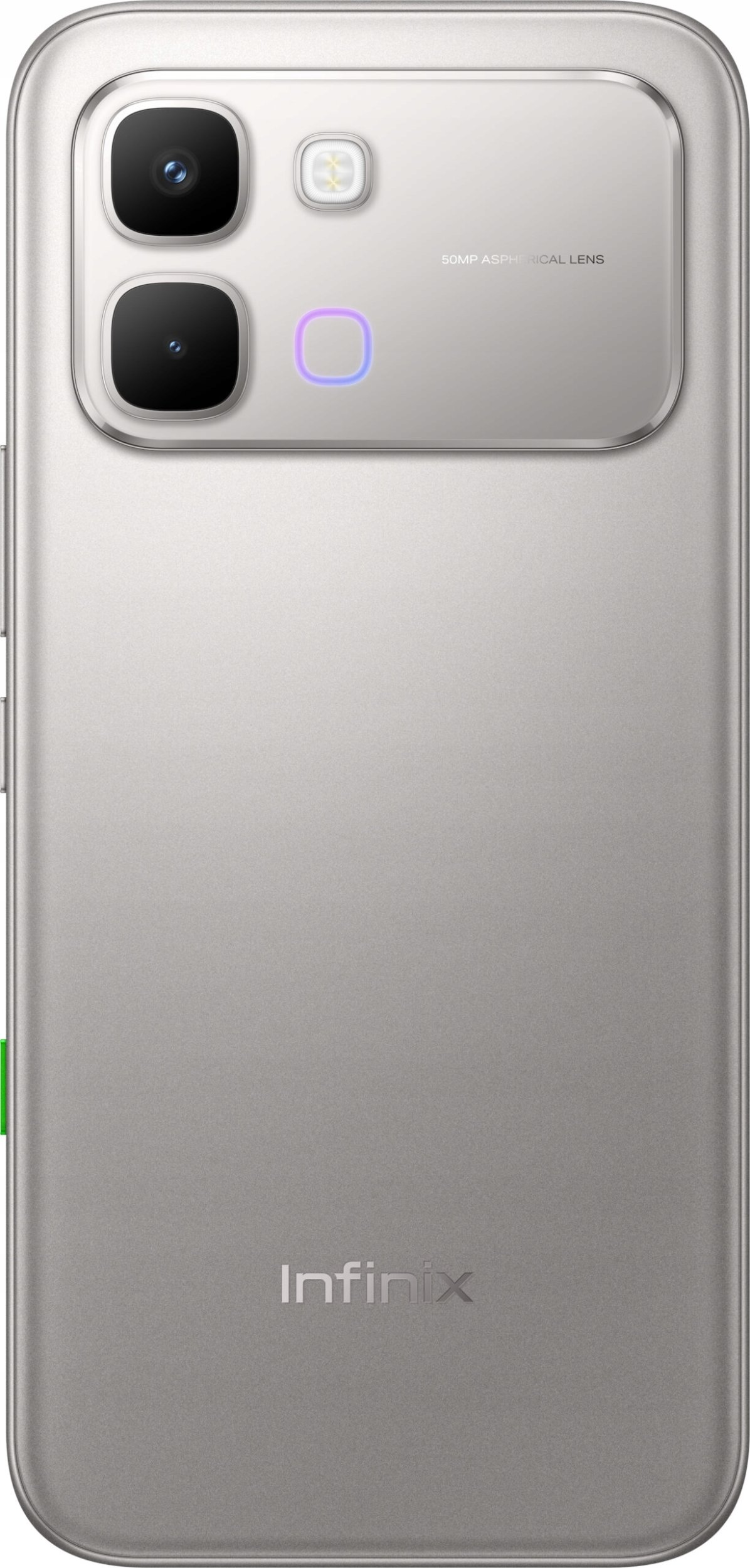 Retro di uno smartphone argentato con tre fotocamere, flash e logo Infinix.