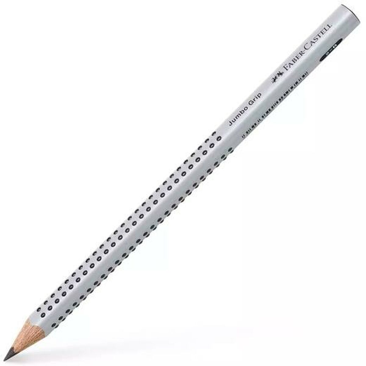 Ein grauer Faber-Castell Jumbo Grip Bleistift mit kleinen schwarzen Punkten.