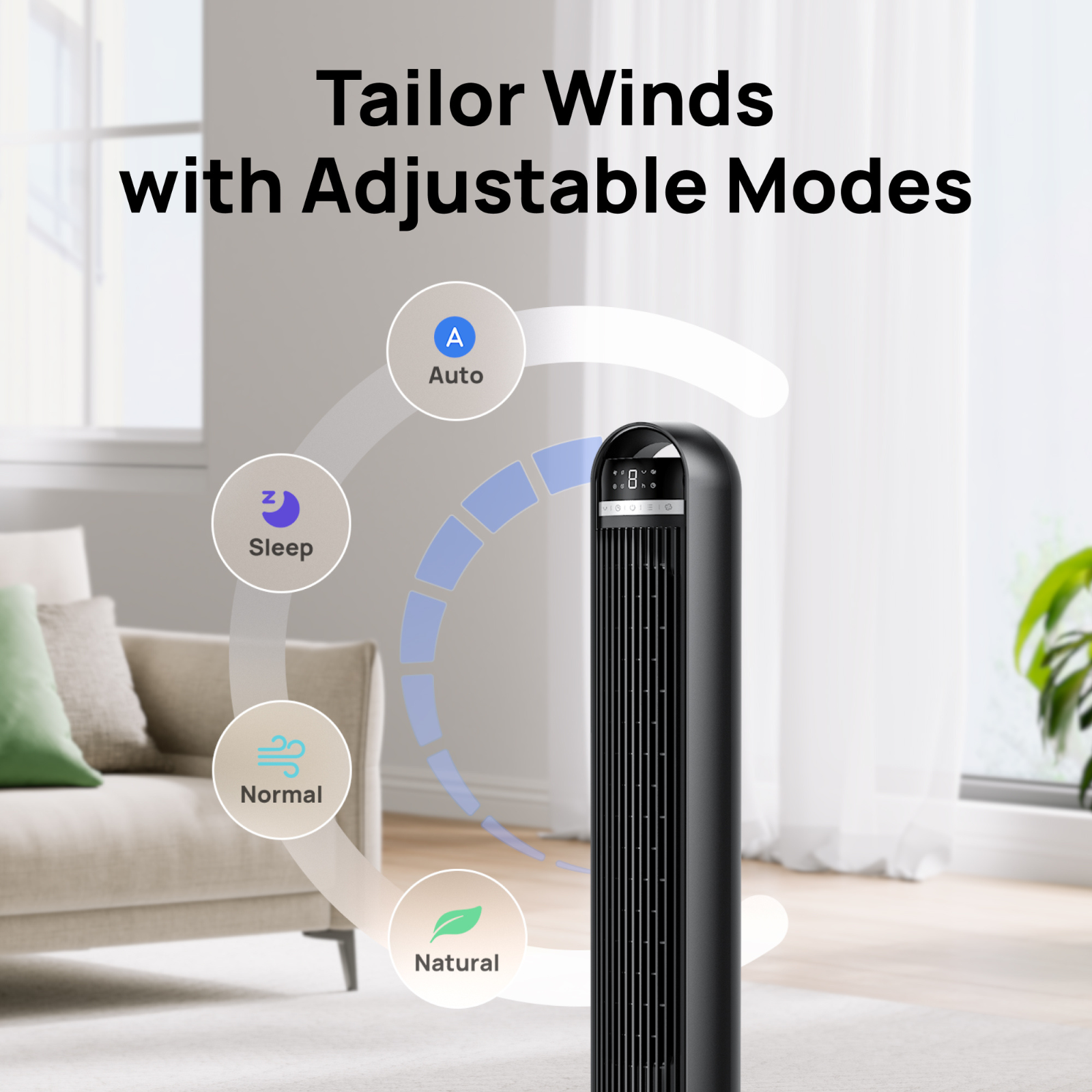 Un ventilateur tour noir avec les modes Auto, Sleep, Normal et Naturel.