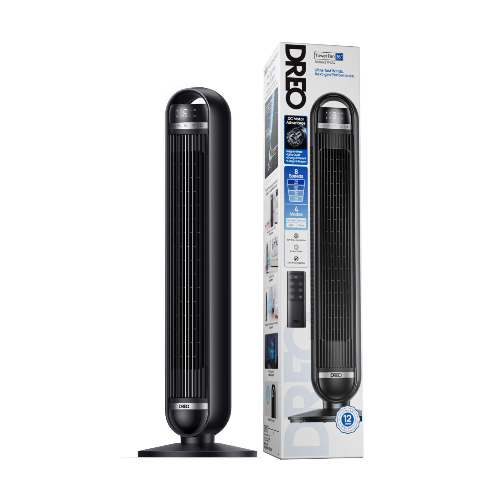 Ventilateur tour DREO noir et sa boîte. Le ventilateur a un écran numérique et une télécommande.
