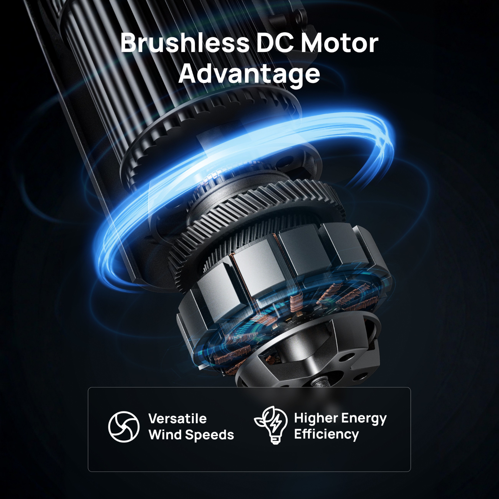 Gros plan d'un moteur CC sans balais avec visualisation du flux d'énergie bleu.