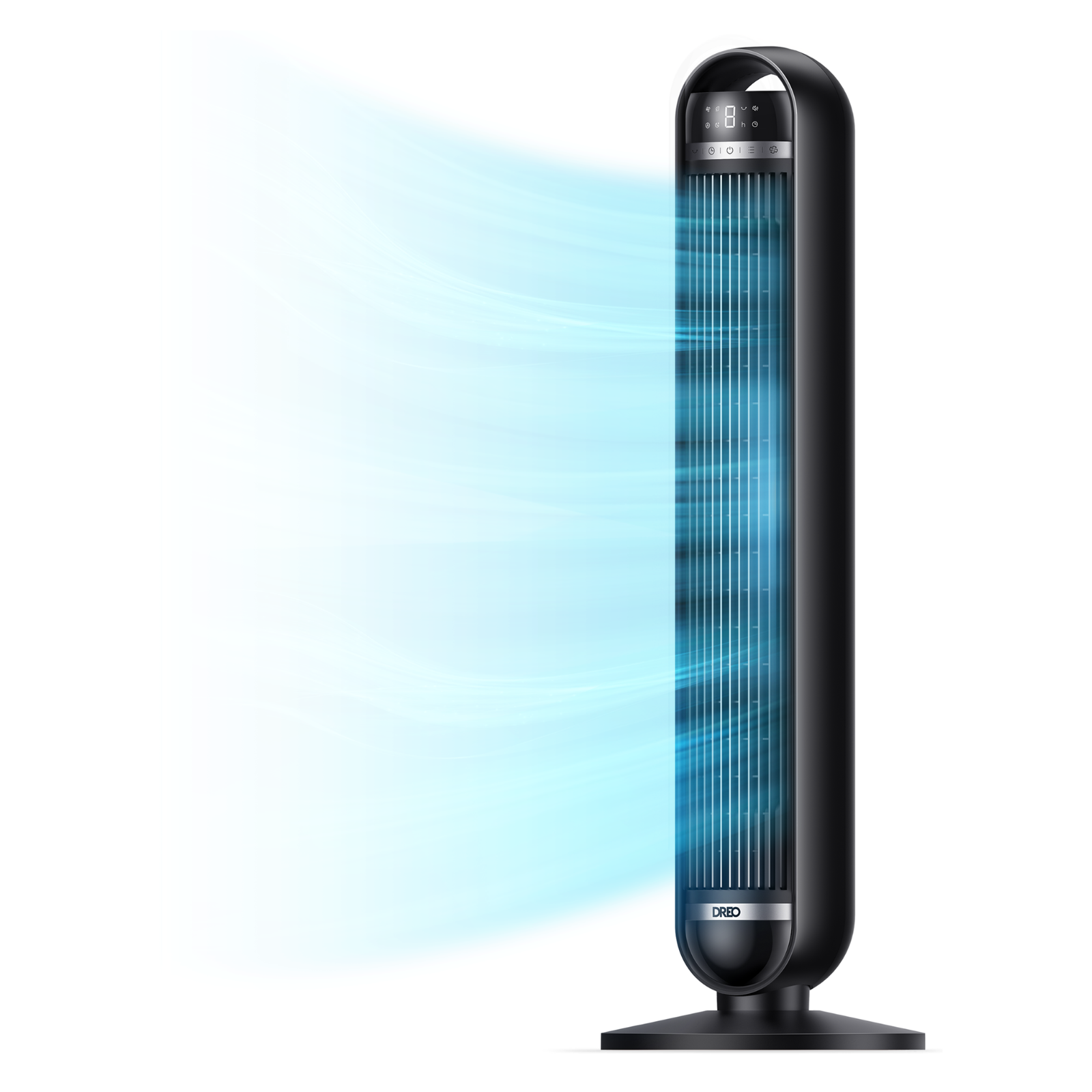 Ventilateur tour noir avec flux d'air bleu et écran numérique.