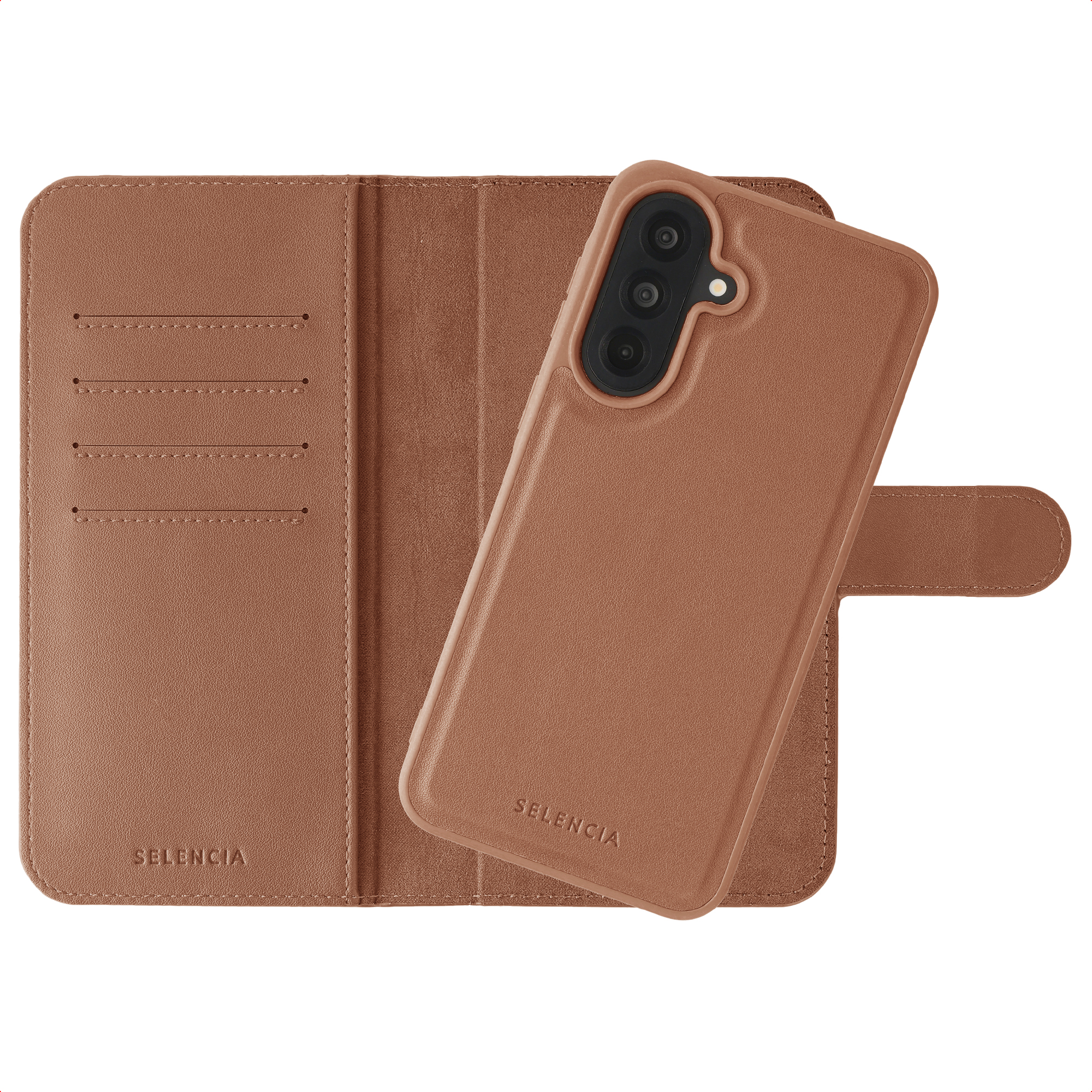 Étui en cuir marron pour téléphone avec triple appareil photo arrière.