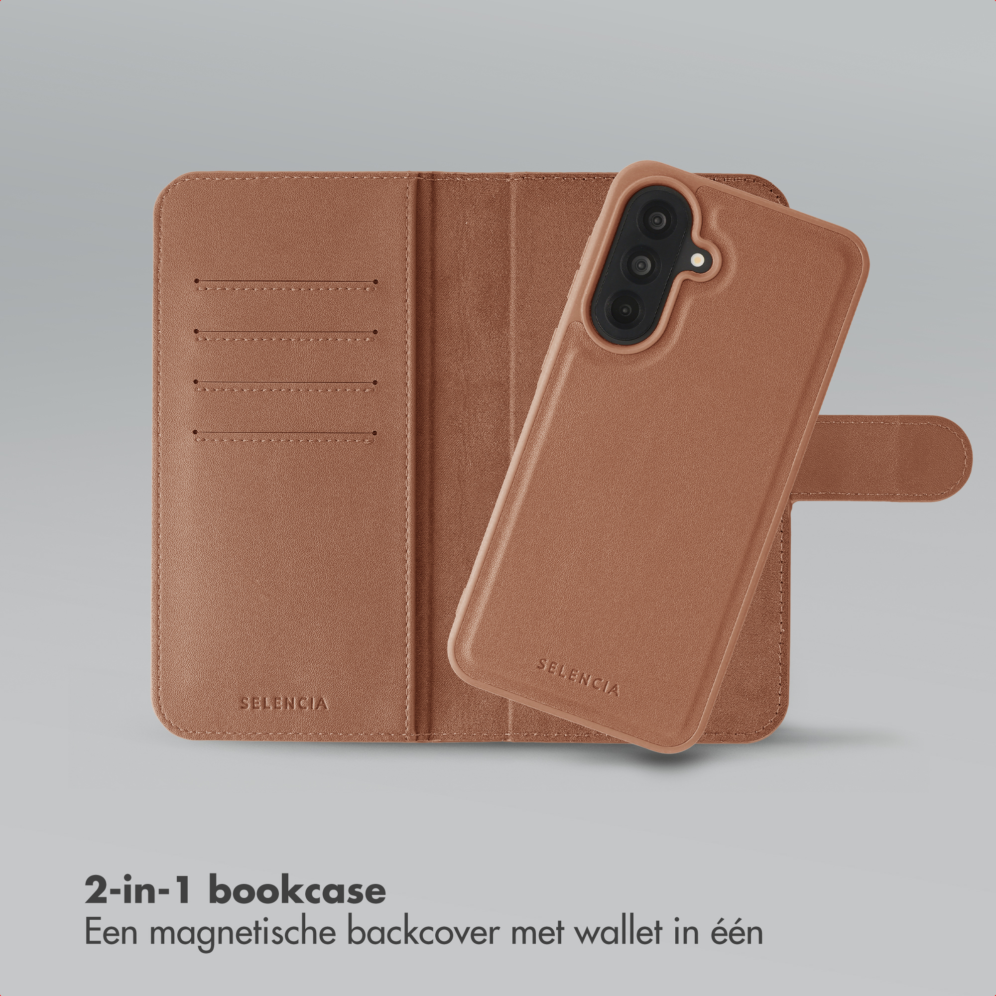 Étui livre en cuir marron avec coque de téléphone et fentes pour cartes.