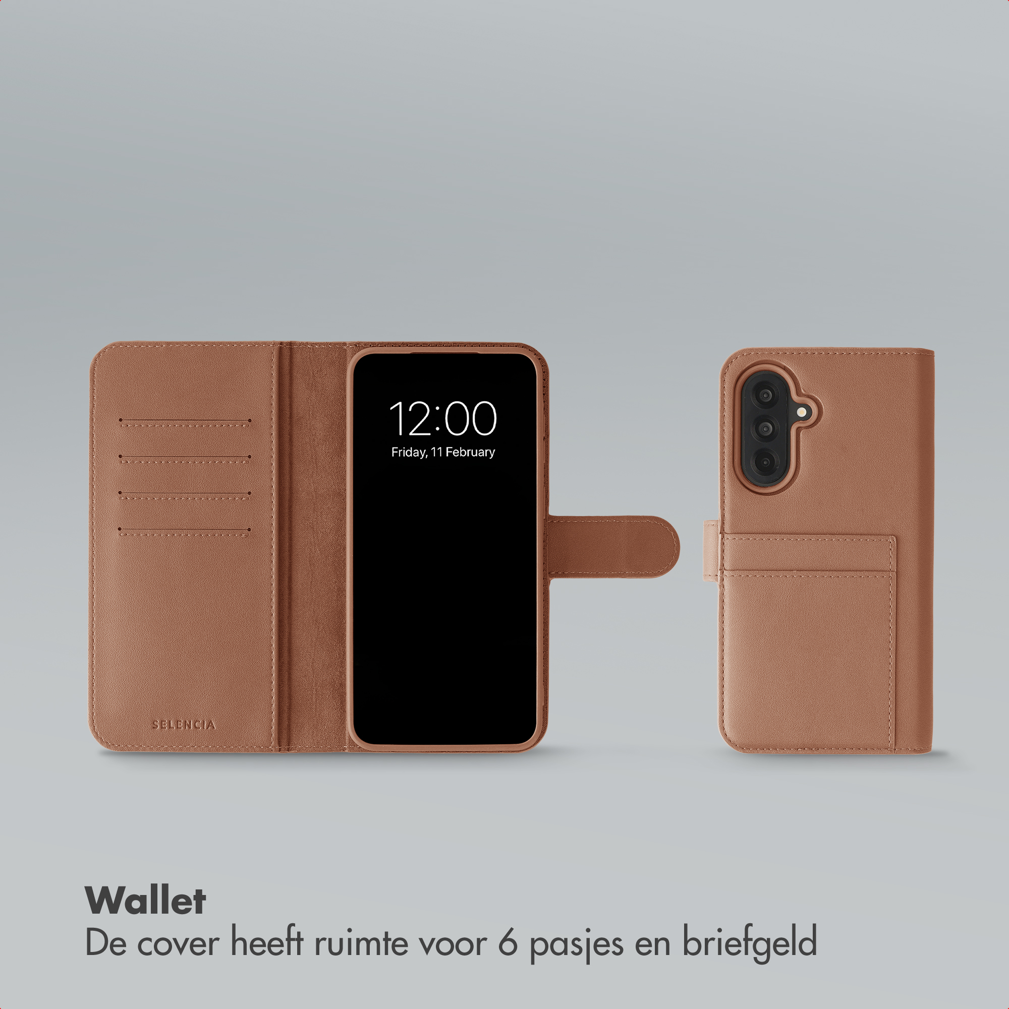 Étui portefeuille marron en cuir pour téléphone, vues ouverte et fermée.
