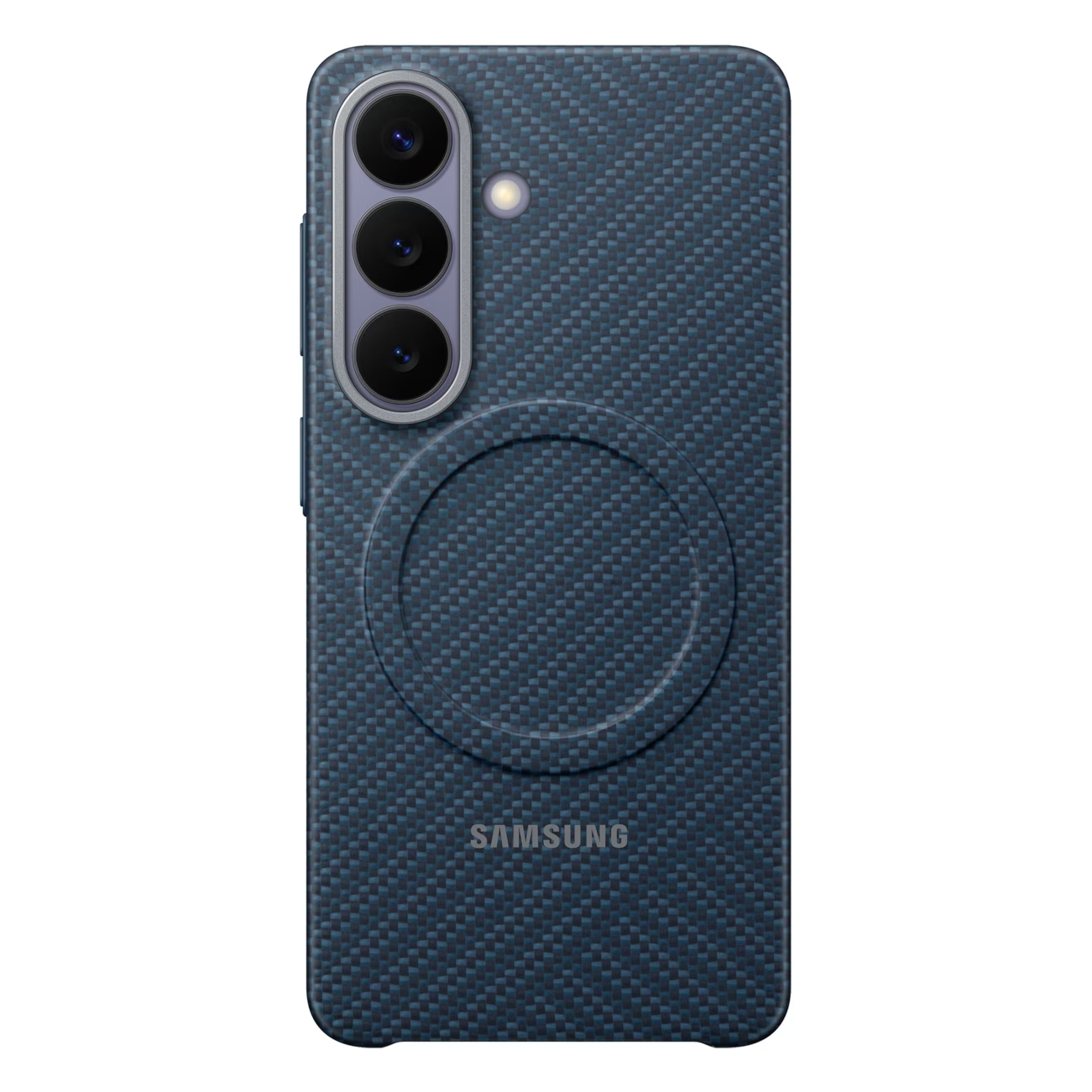 Coque de téléphone bleu foncé à motif carbone, caméras et logo Samsung.