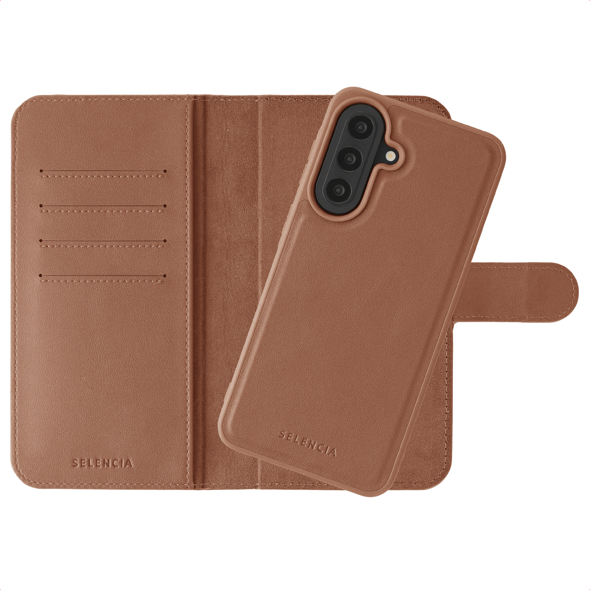 Étui en cuir marron pour téléphone avec trois appareils photo et trois fentes.