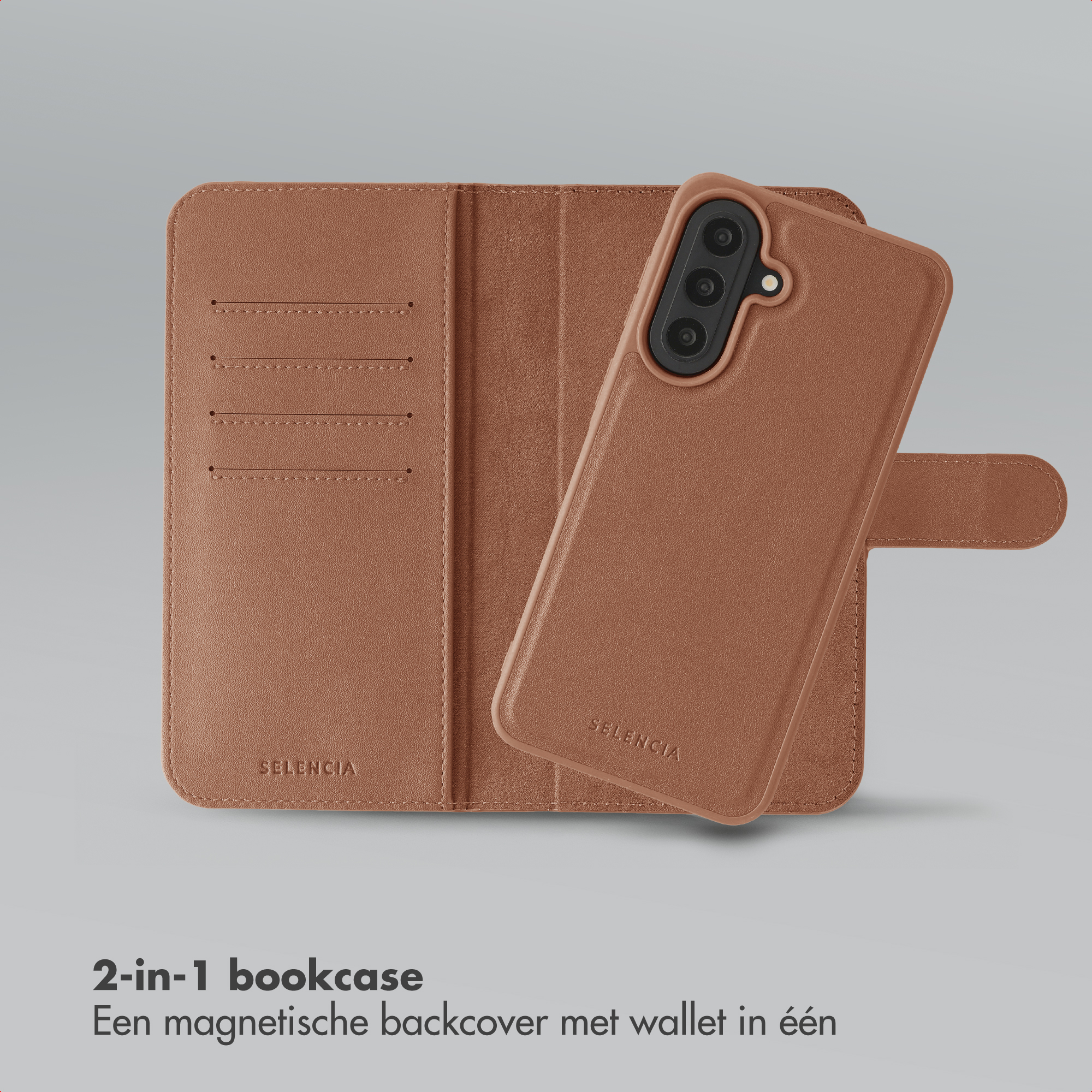 Étui de téléphone en cuir marron avec portefeuille et fentes pour cartes.