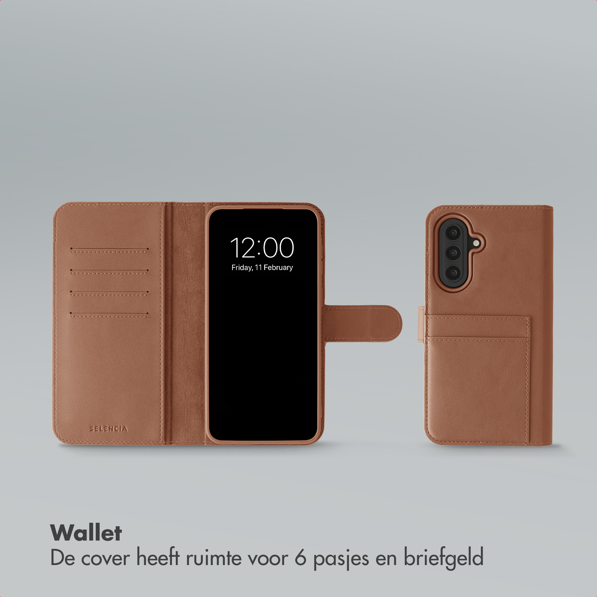 Étui de téléphone marron style portefeuille avec fentes pour cartes et découpe caméra.
