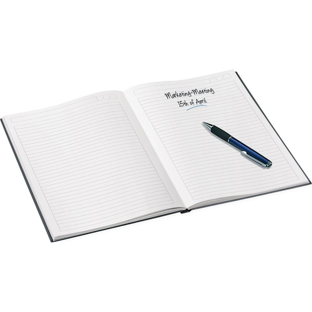 Ein offenes Notizbuch mit einem Stift auf der rechten Seite. 