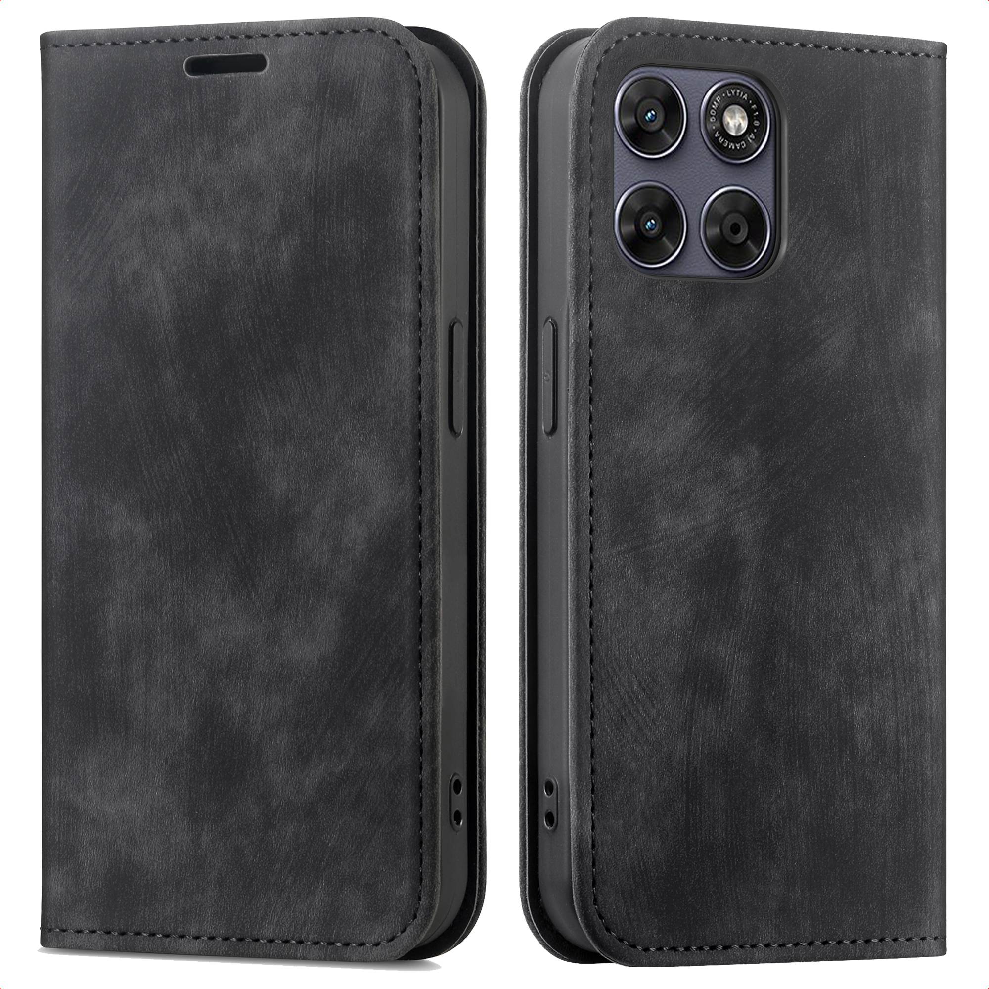 Étui de téléphone en cuir noir avec système de caméra au dos.