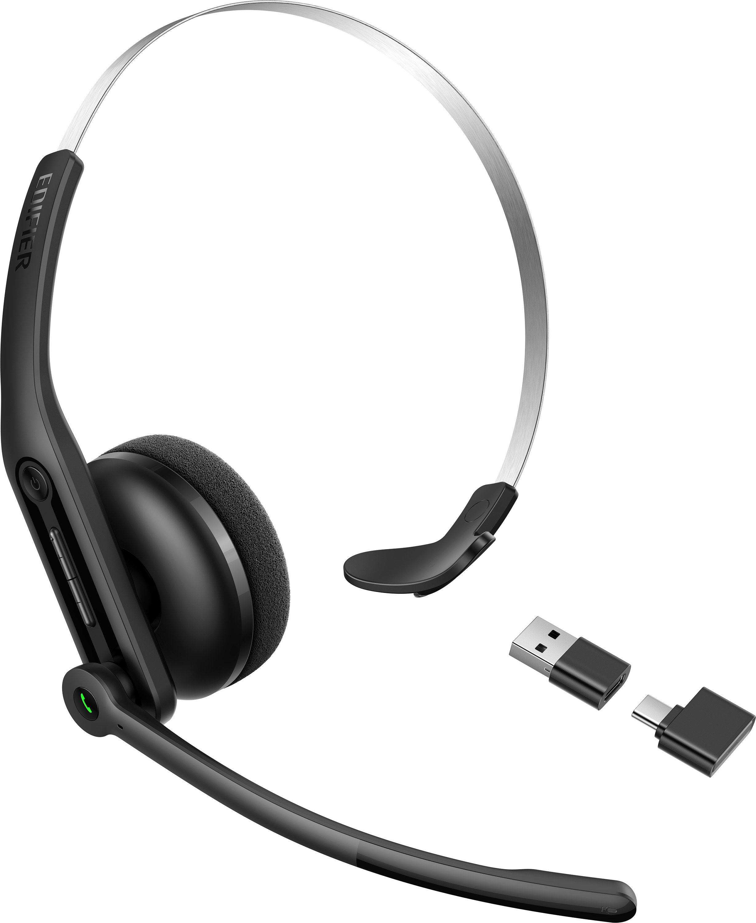 Czarny zestaw słuchawkowy z mikrofonem, srebrnym pałąkiem i donglami USB.