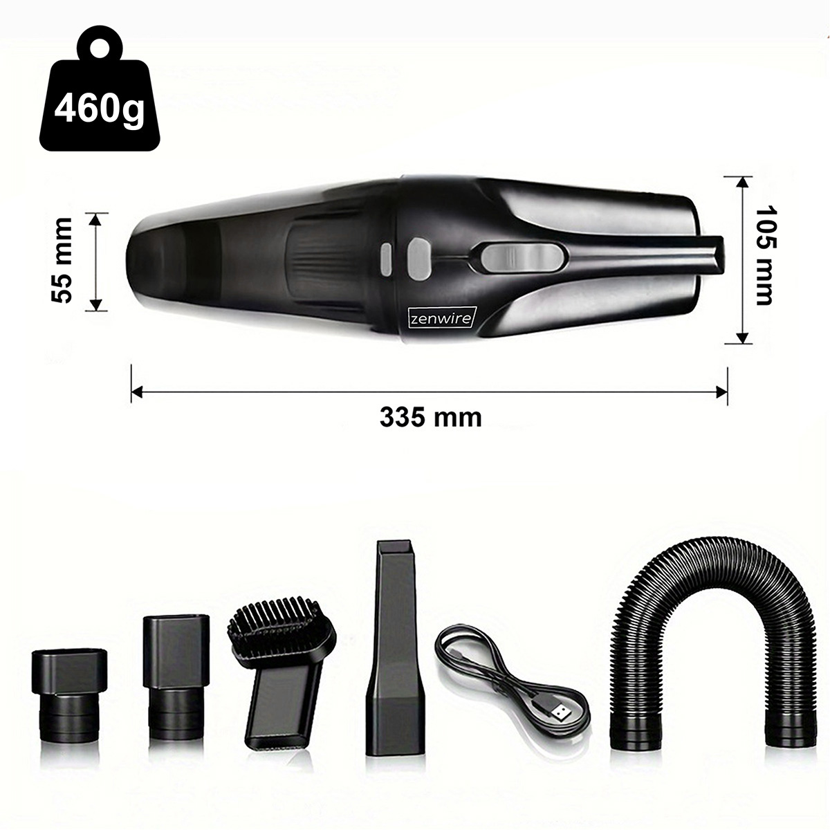 Czarny odkurzacz ręczny z akcesoriami, 460g, długość 335mm, szerokość 105mm, wysokość 55mm.
