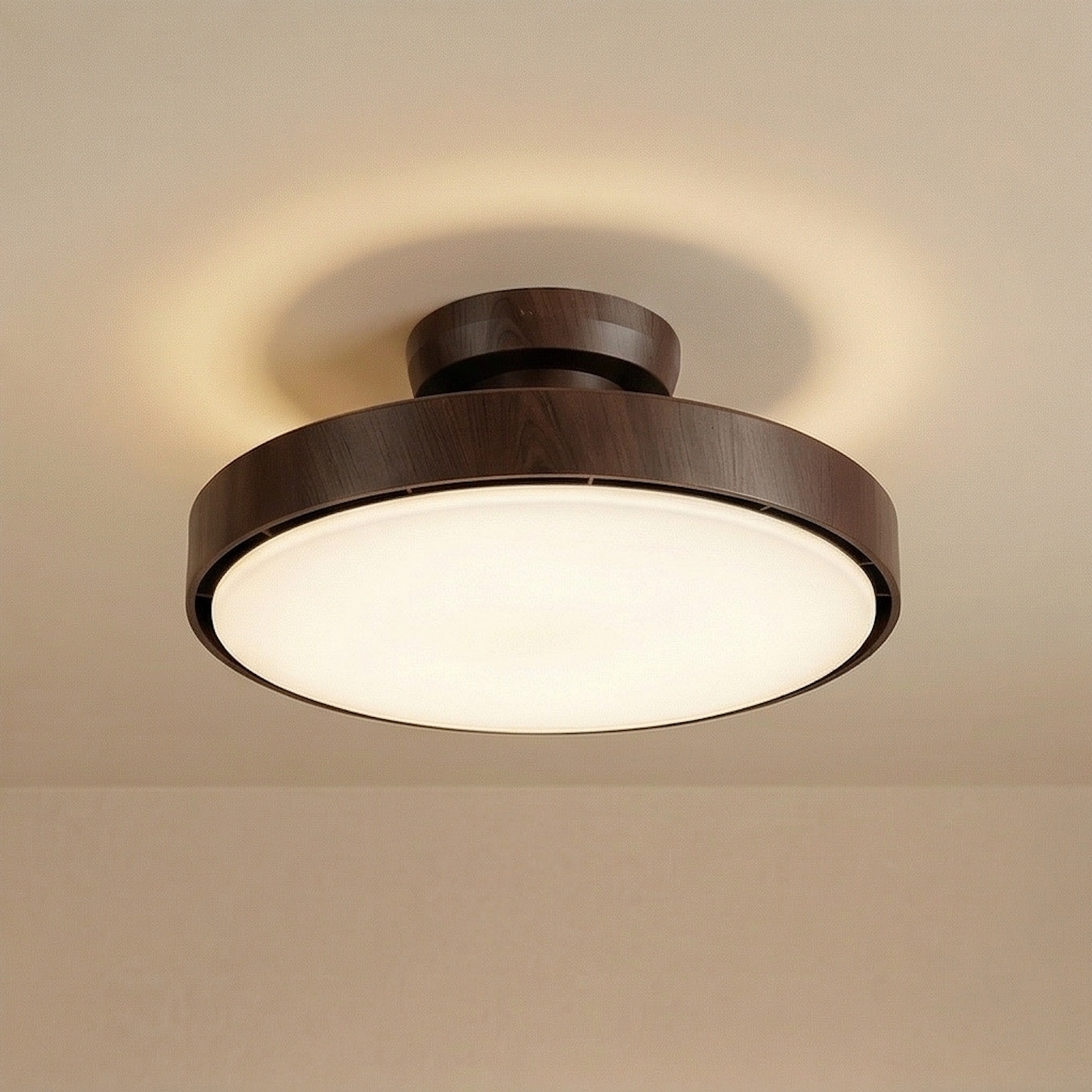 Luz de techo redonda con marco de madera oscura y cubierta de luz blanca lechosa.