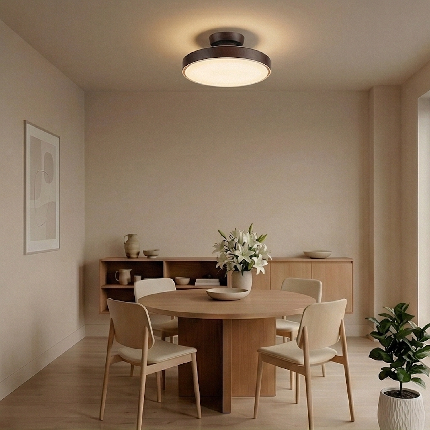 Un comedor con mesa redonda de madera, cuatro sillas, aparador y lámpara de techo.