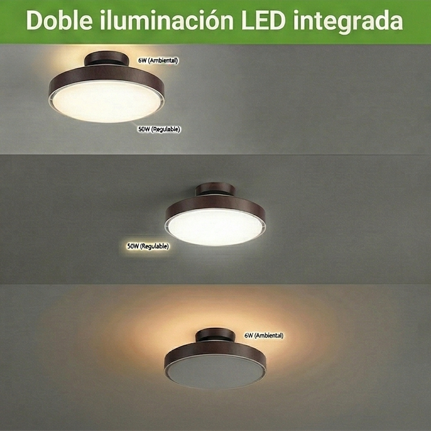 Luz de techo con doble iluminación LED: 6W (ambiental) y 50W (regulable).