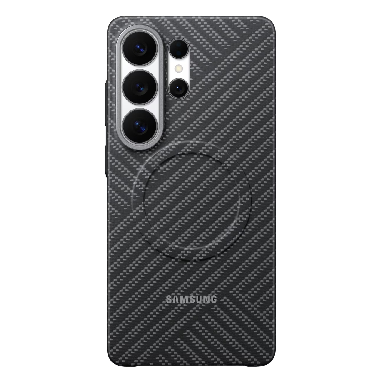 Zwarte telefoonhoes met koolstofpatroon en camera-uitsparing. Samsung logo onderaan.