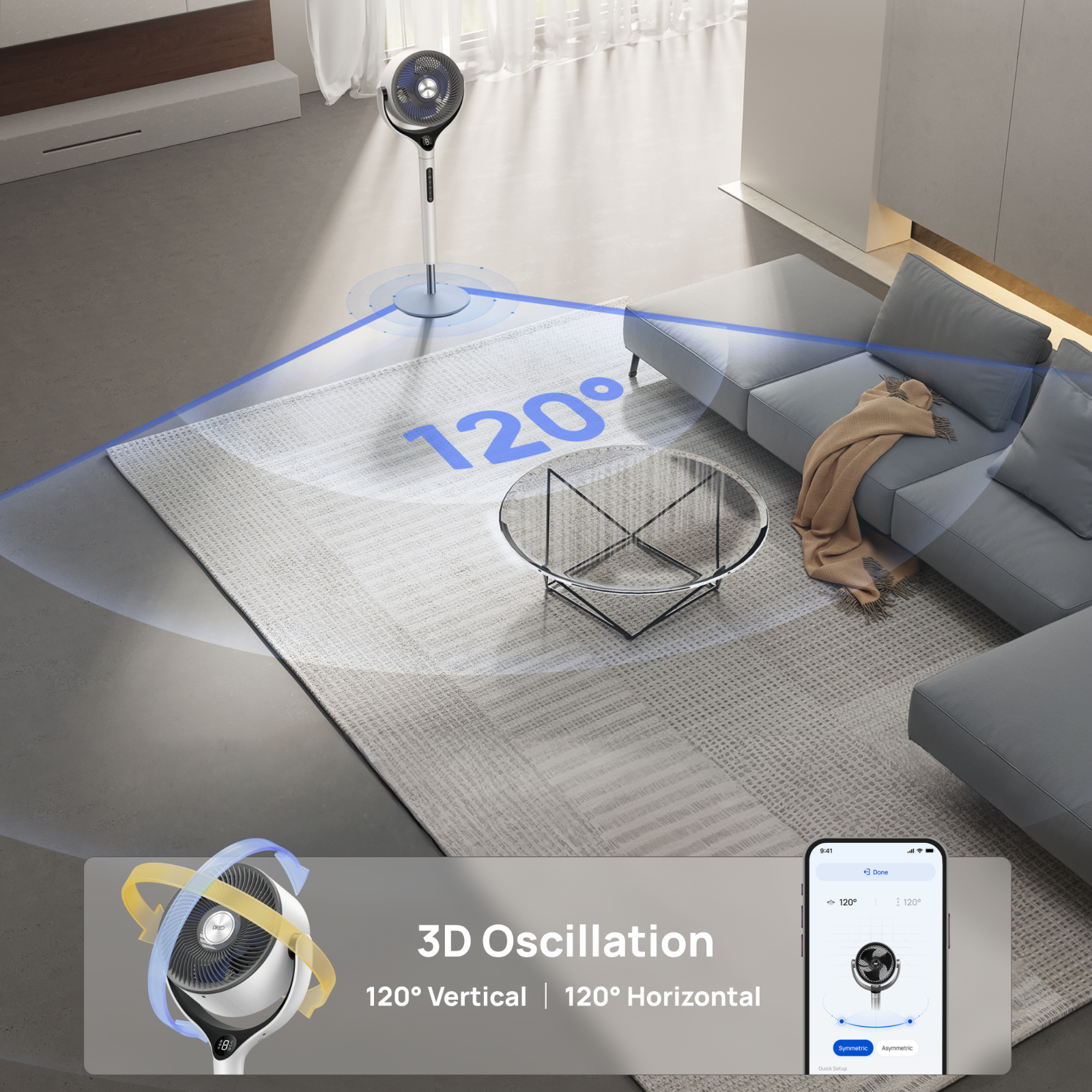 Un ventilateur moderne avec oscillation de 120° dans un salon.