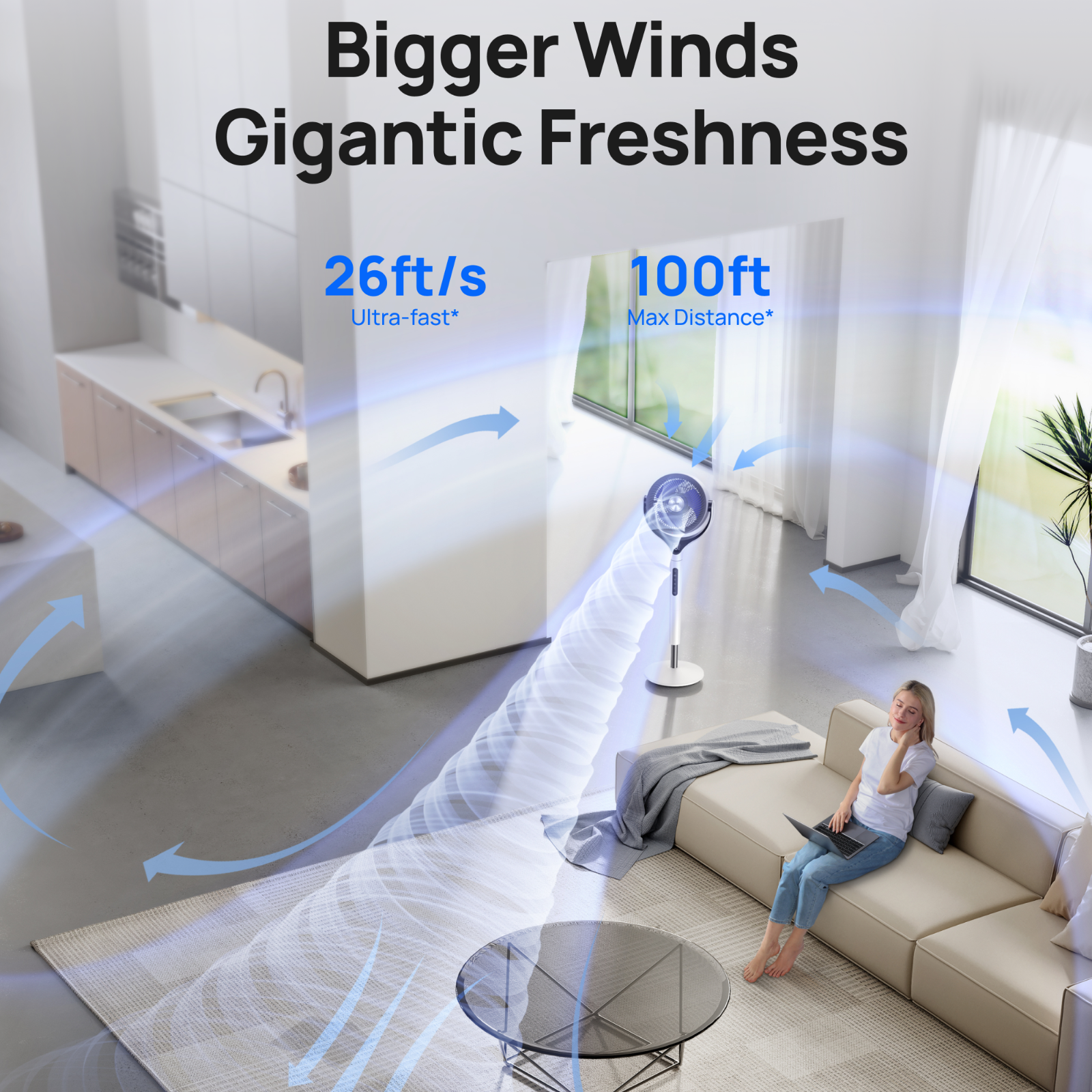 Un ventilateur dans un salon projetant de l'air, 26 pi/s, portée de 100 pi.