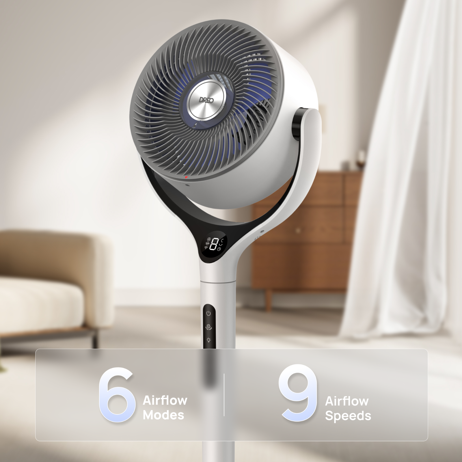 Un ventilateur blanc avec écran numérique affichant 6 modes et 9 vitesses.