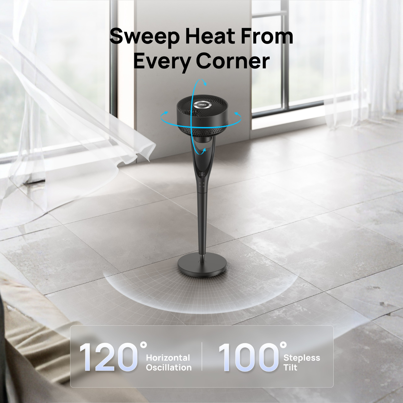 Un ventilateur noir avec oscillation à 120° et inclinaison à 100° sur sol carrelé.
