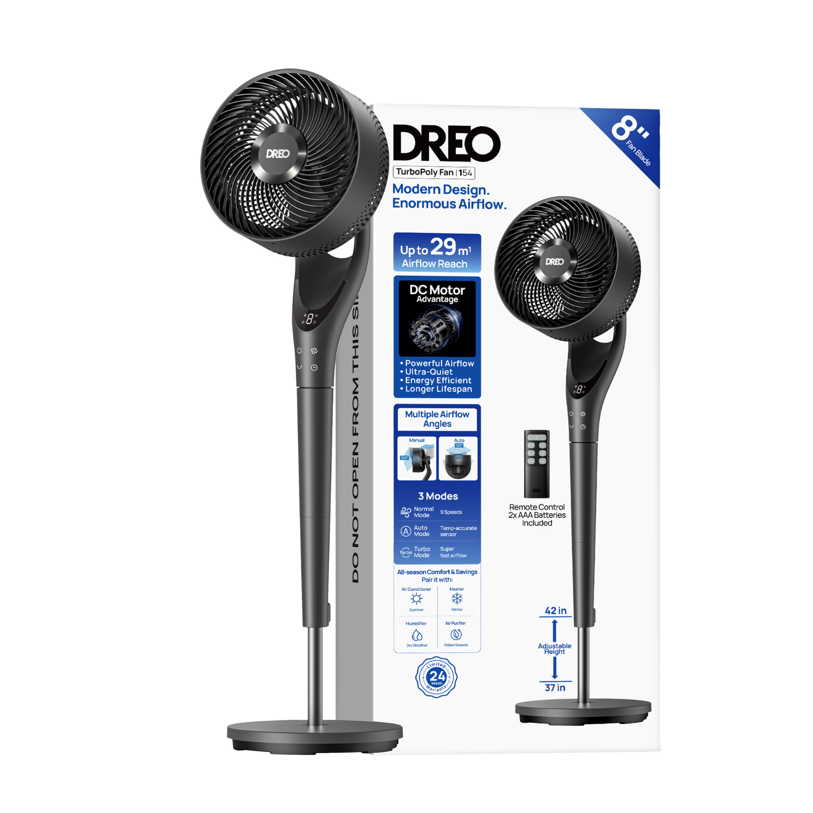 Un ventilateur sur pied DREO noir avec télécommande et détails du produit.