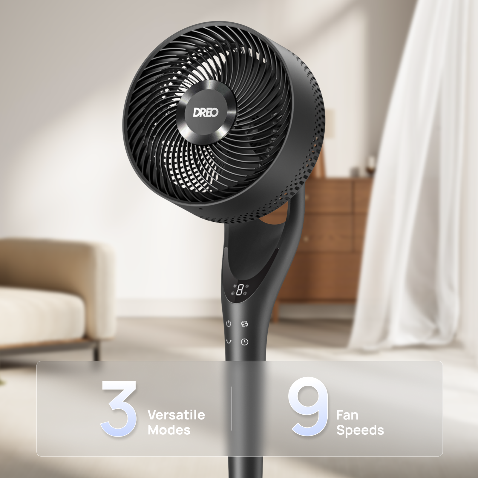 Un ventilateur sur pied noir avec 3 modes et 9 vitesses.