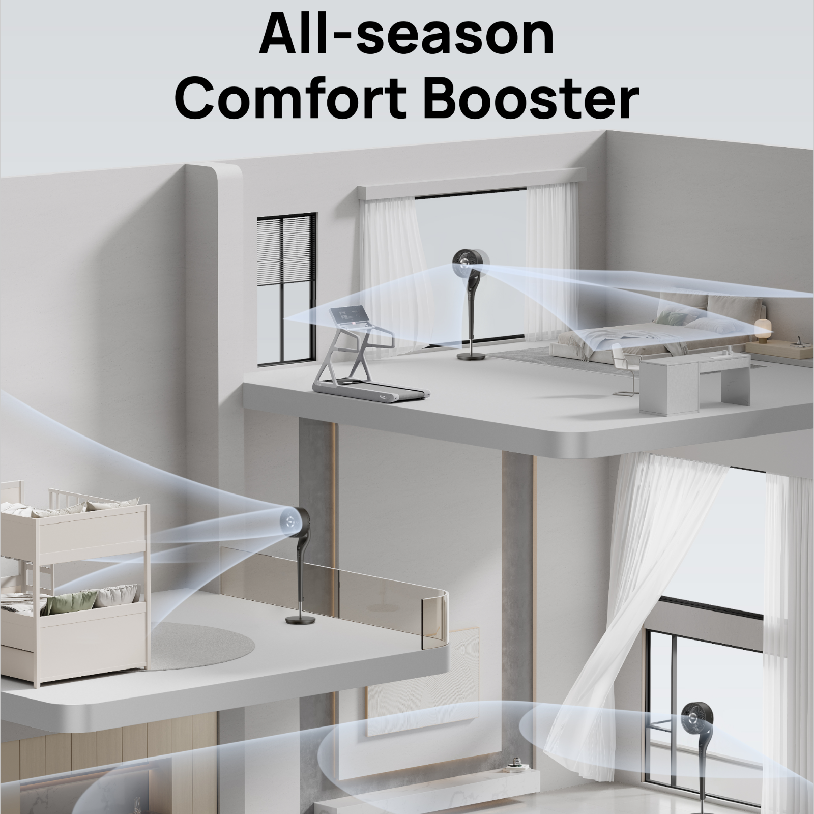 Un ventilateur moderne diffuse de l'air dans un espace de vie à plusieurs niveaux avec lit, bureau et tapis roulant.