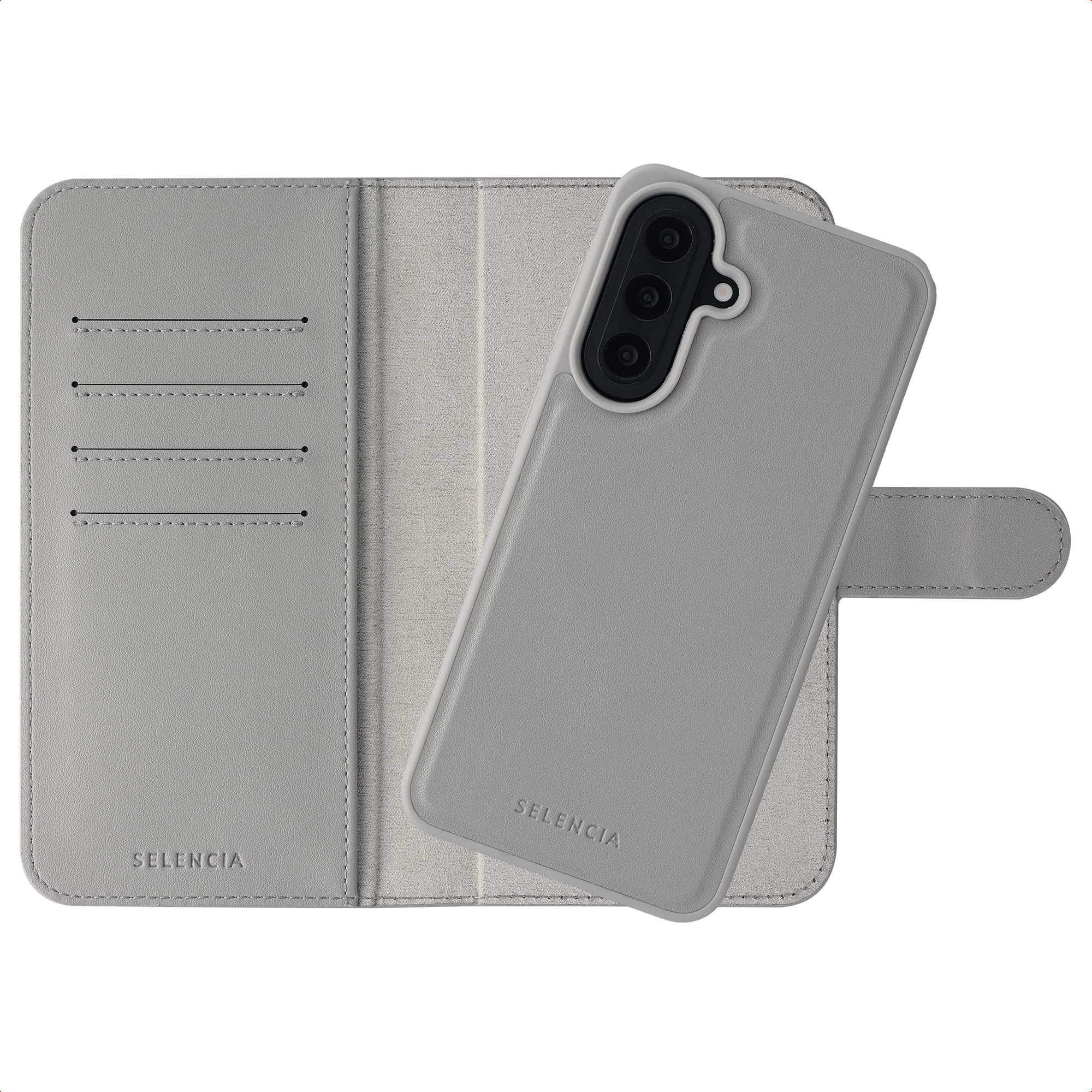 Grijze flip telefoonhoes met drie kaartsleuven en een telefoon.