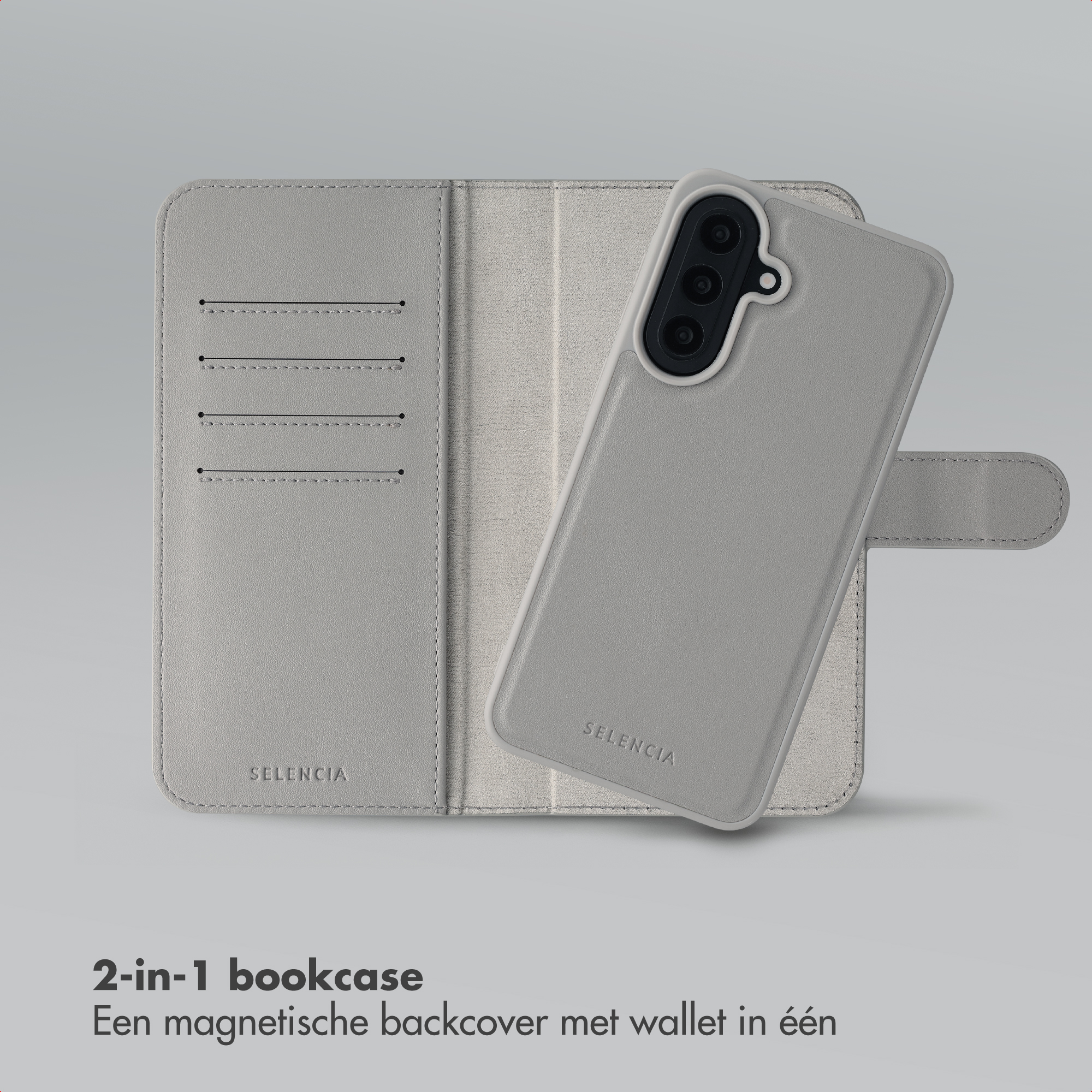 Grijze telefoon bookcase met telefoon en kaarthouders op grijze achtergrond.