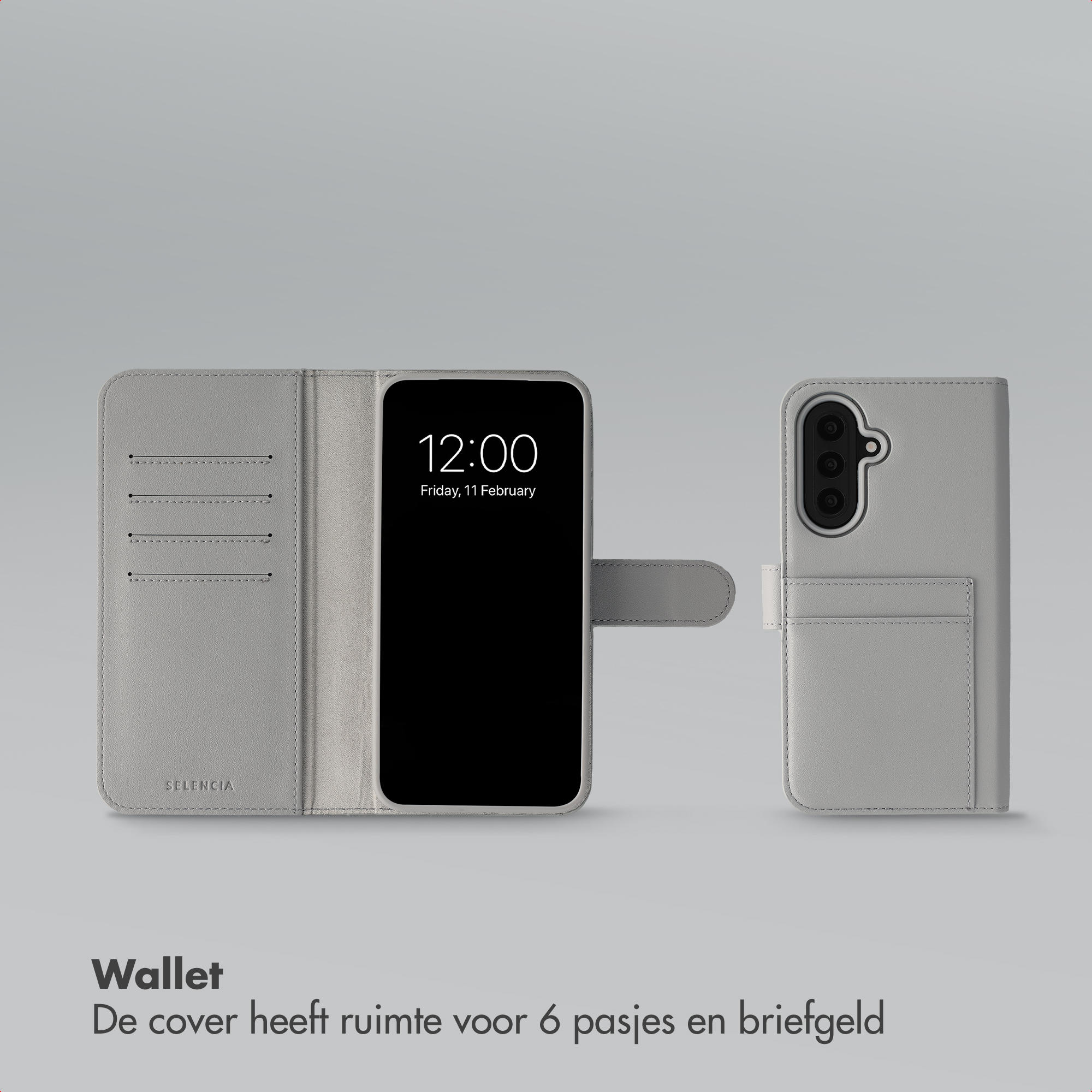 Grijze telefoonportemonneehoes met kaartsleuven en cameraprotectie.