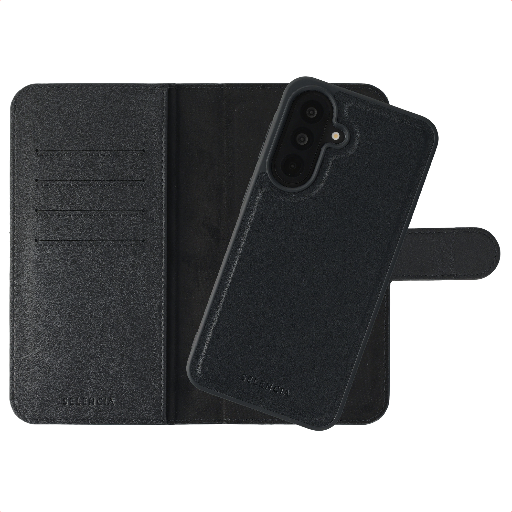 Étui portefeuille en cuir noir ouvert, montrant le téléphone à l'intérieur.
