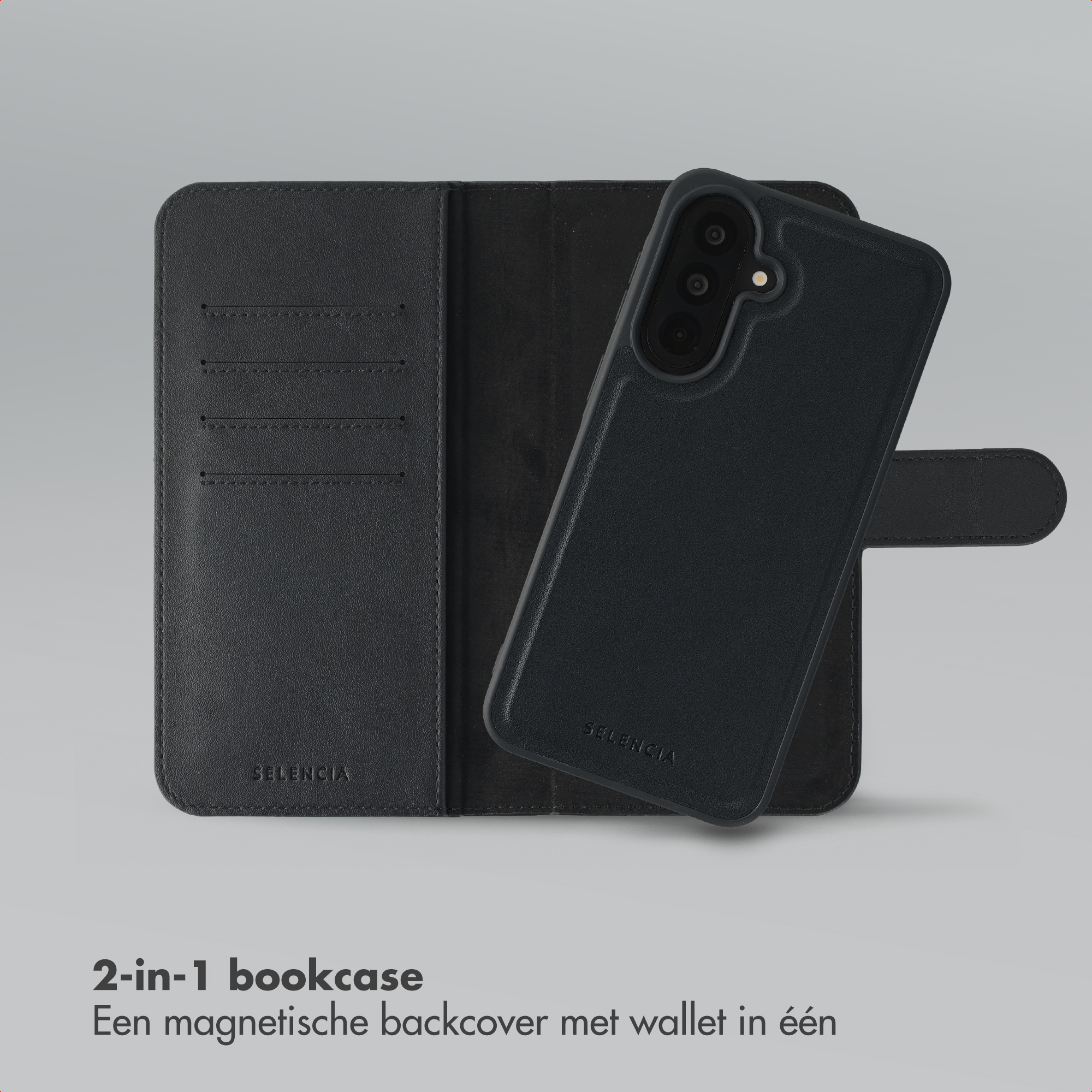 Étui noir 2-en-1 pour téléphone avec dos magnétique et fentes.