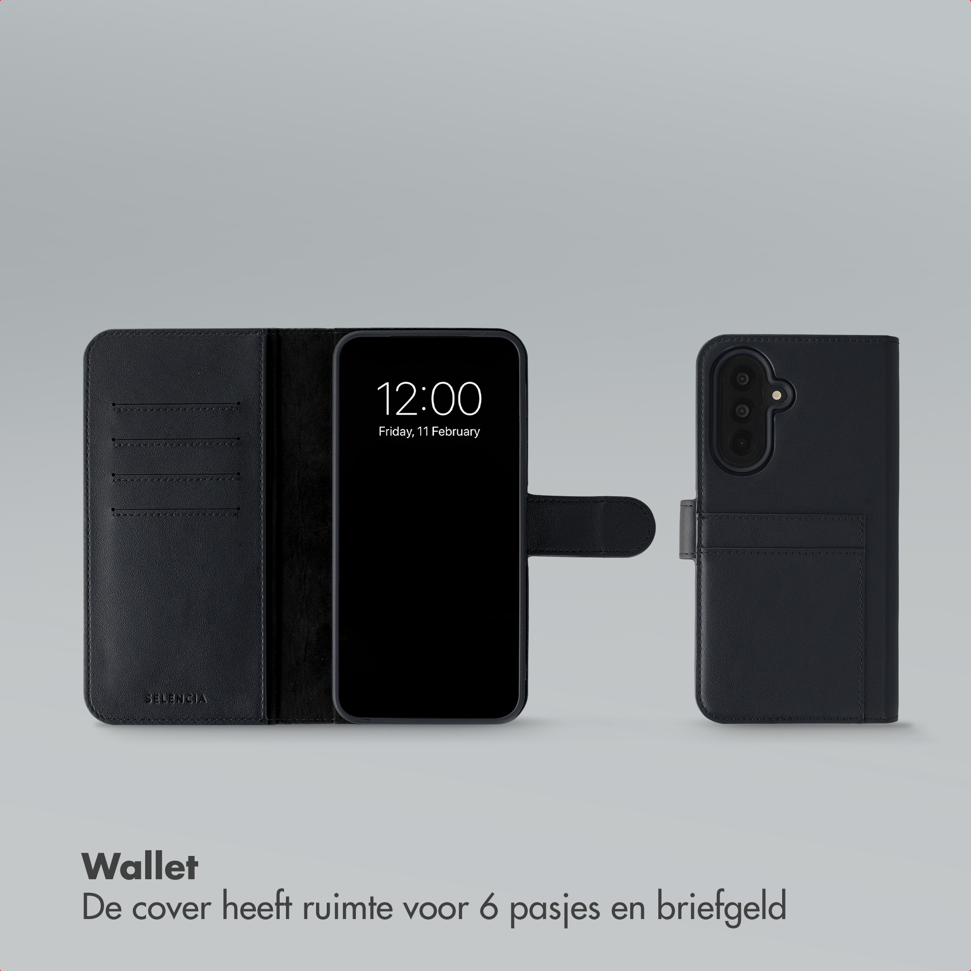 Étui portefeuille noir pour téléphone avec 3 fentes pour cartes et horloge 12:00.