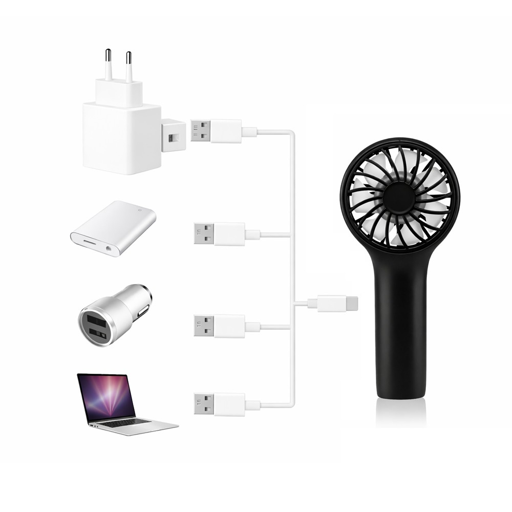 Ventilador negro de mano con cables USB, cargador, power bank, cargador de coche y portátil.