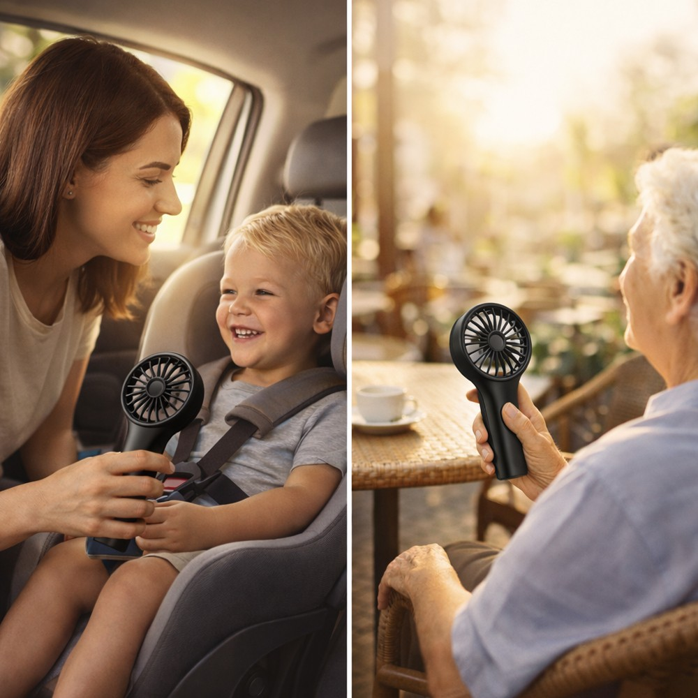 Madre con niño en coche y hombre al aire libre sosteniendo un ventilador.