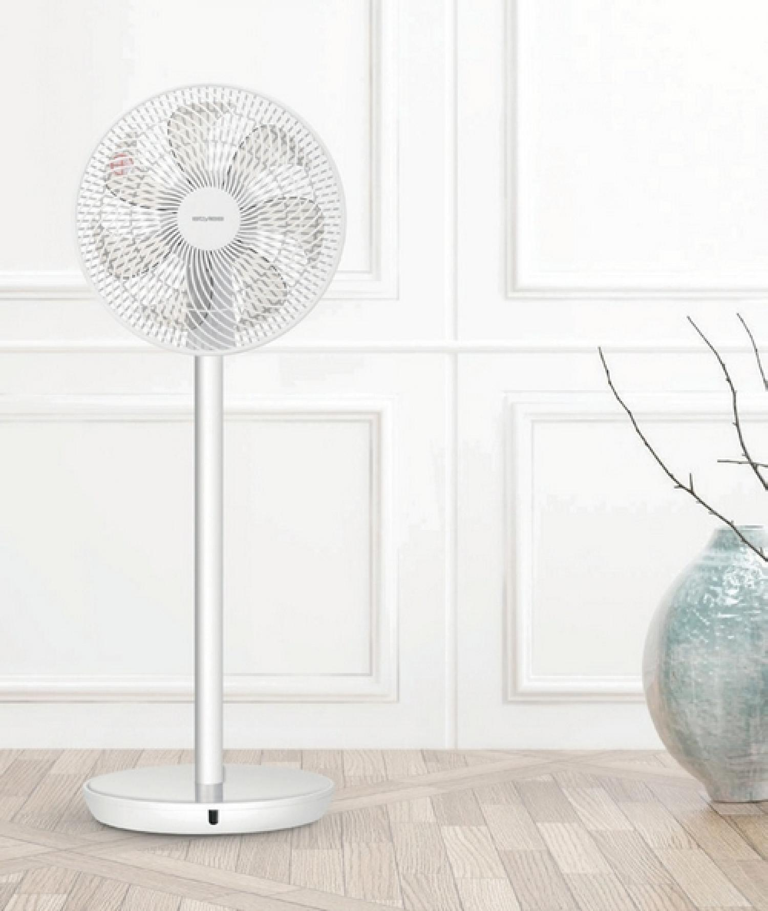 Ein weißer Standventilator mit rundem Gitter auf Holzboden vor weißer Paneelwand.