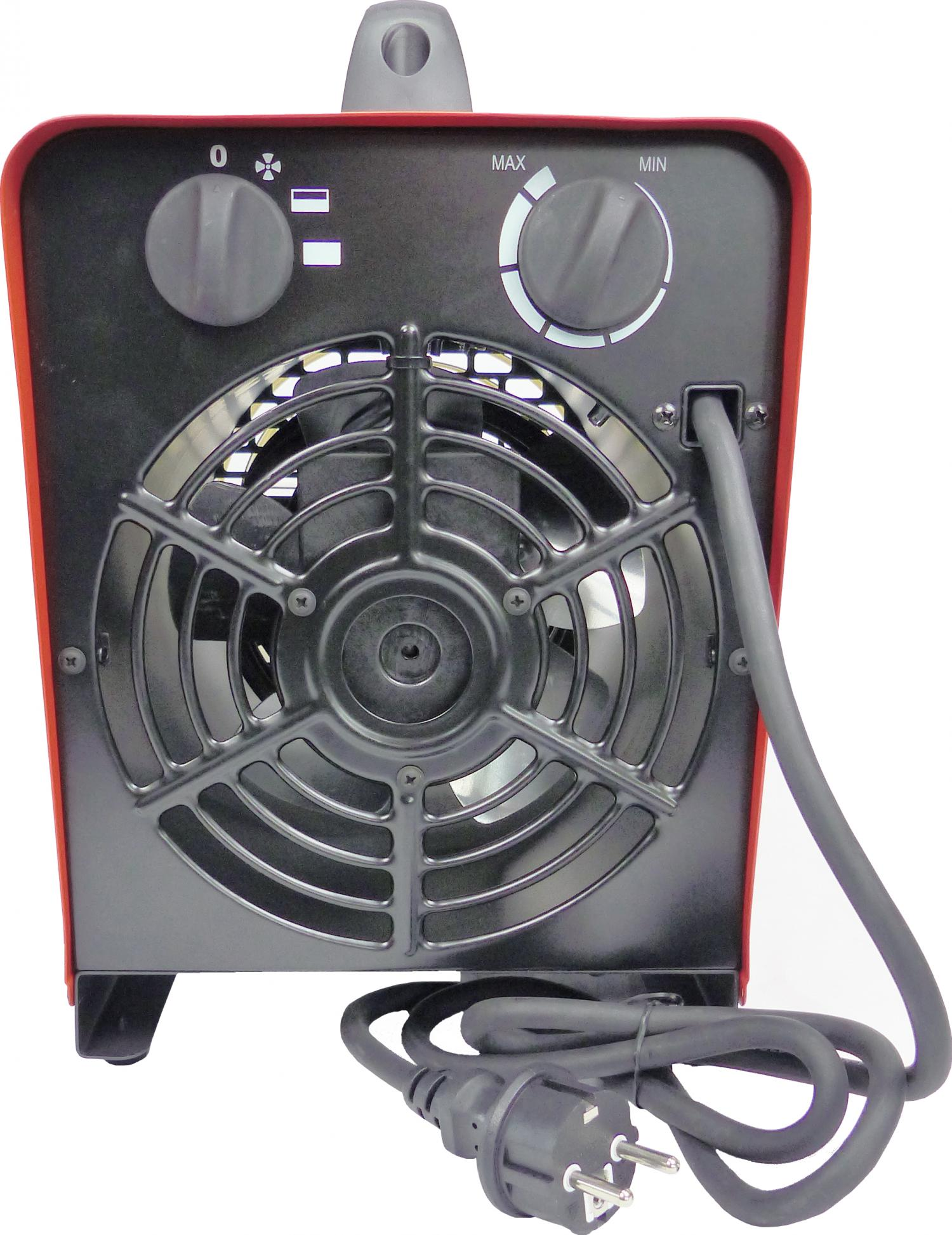 Roter Heizlüfter mit Lüftergitter, Bedienelementen und Kabel.