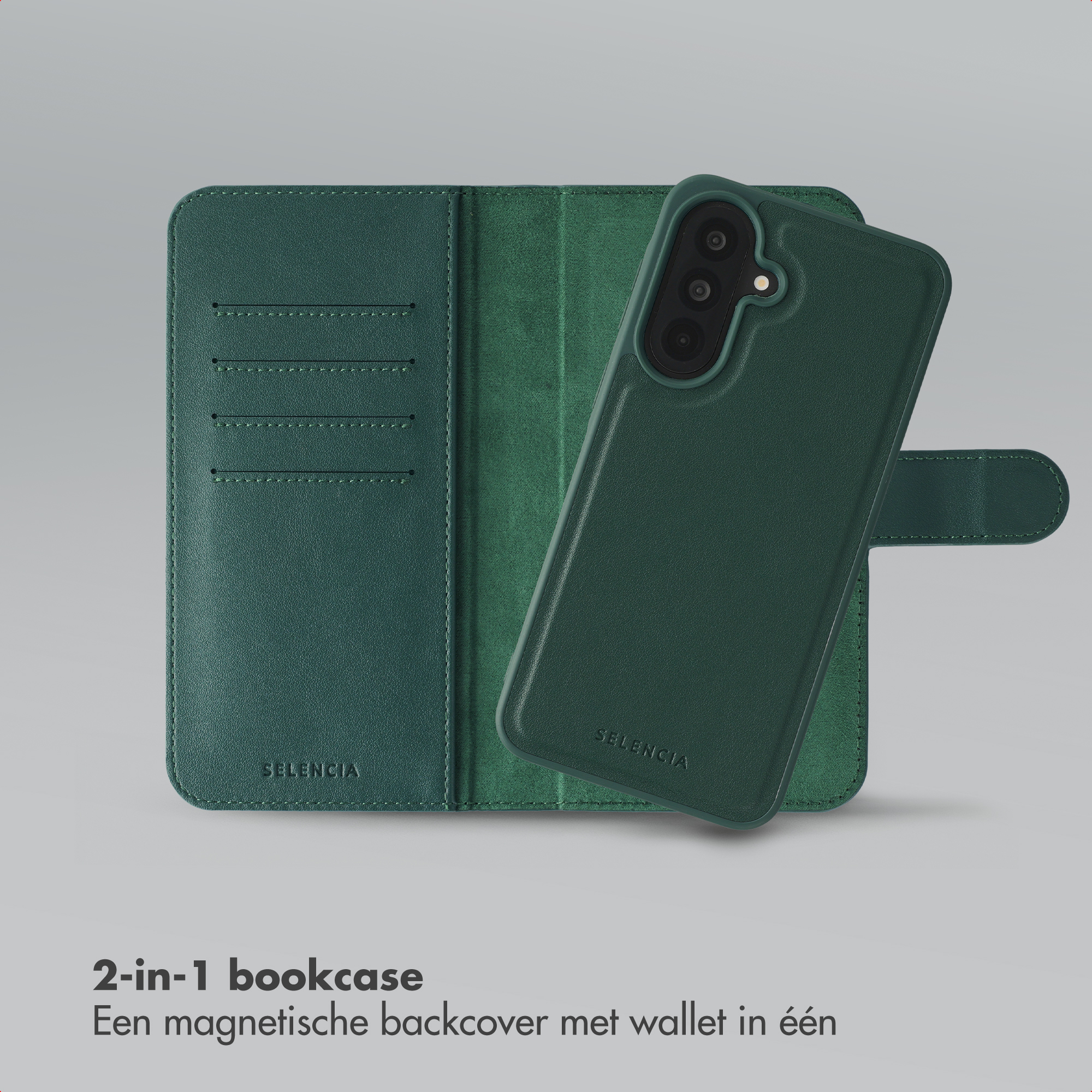 Un étui de téléphone en cuir vert avec des fentes pour cartes et un téléphone.