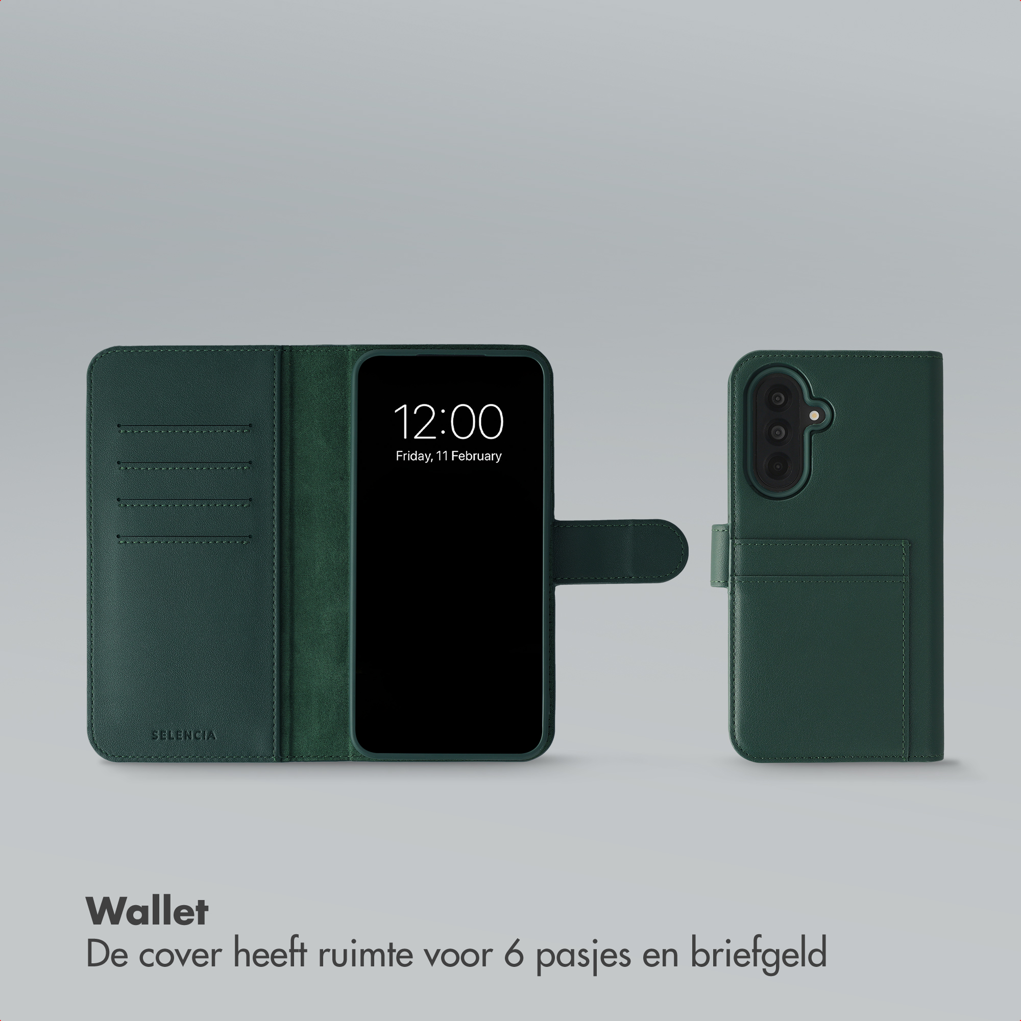Étui portefeuille de téléphone vert foncé avec fentes pour cartes et téléphone ouvert.