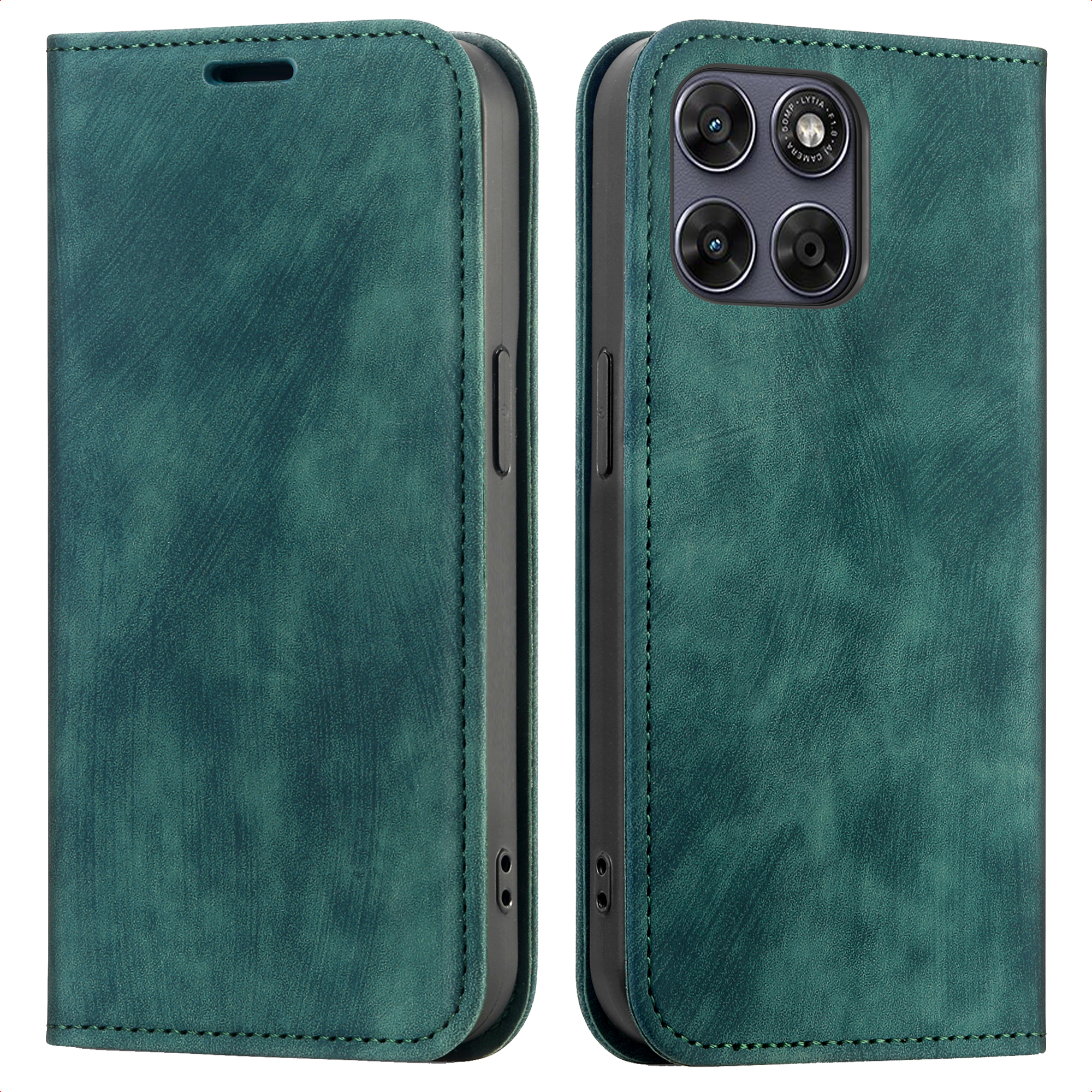 Étui de téléphone vert avec quatre objectifs et coutures.