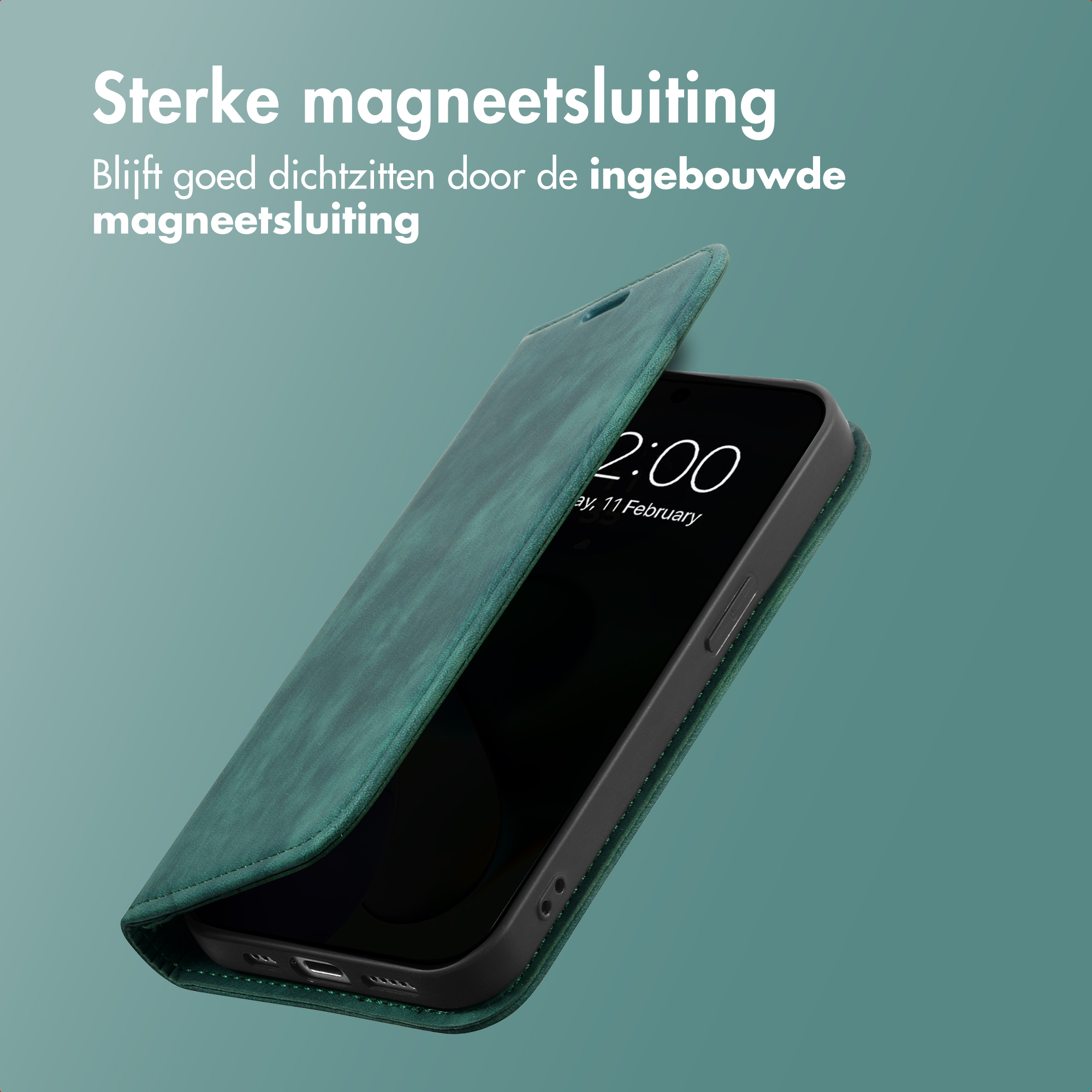 Un étui de téléphone vert à fermeture magnétique affichant une heure.
