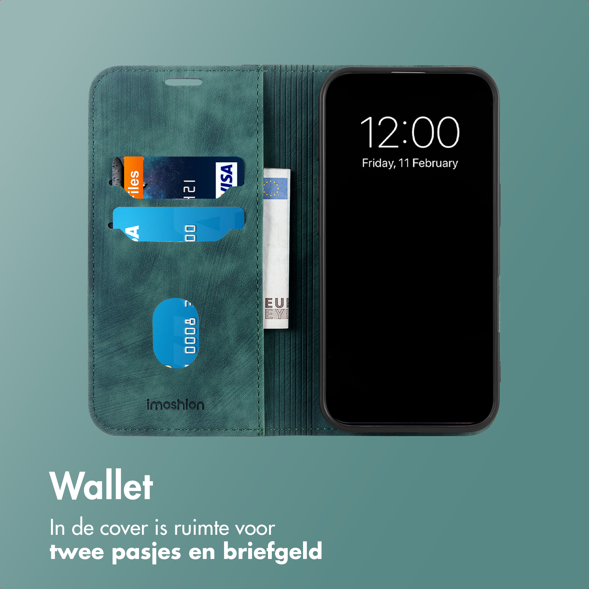 Étui de téléphone portefeuille vert avec fentes pour cartes et billet.
