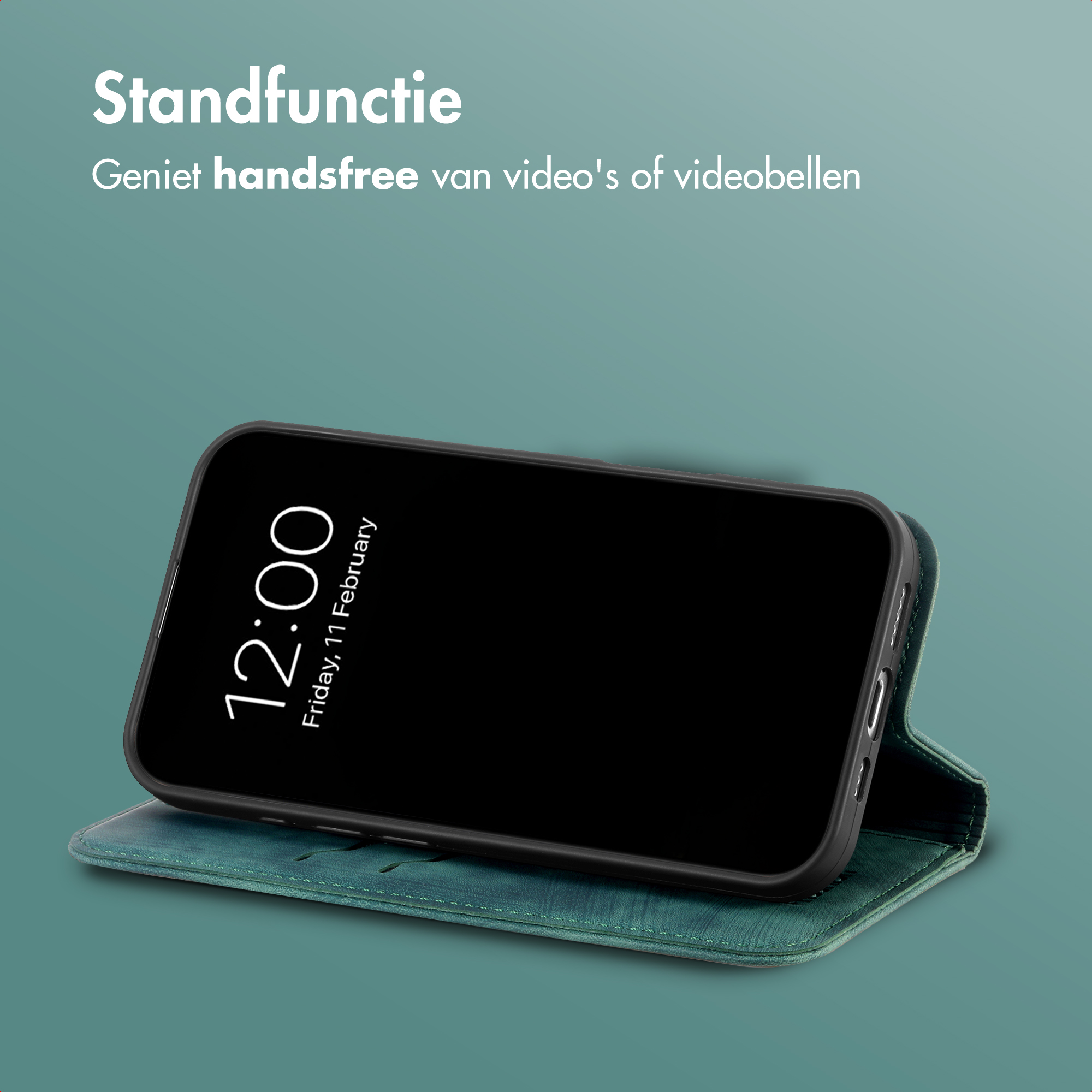Un smartphone dans un support à rabat bleu sarcelle affichant 12:00.