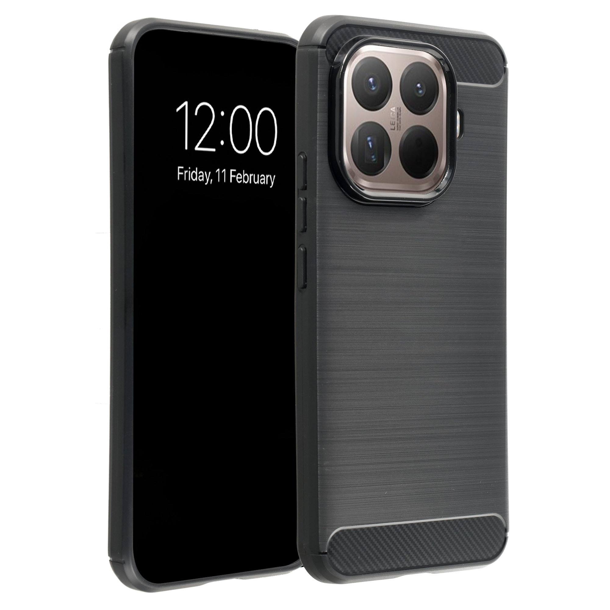 Een zwarte telefoon in een hoesje. De achterkant toont een camera met vier lenzen.