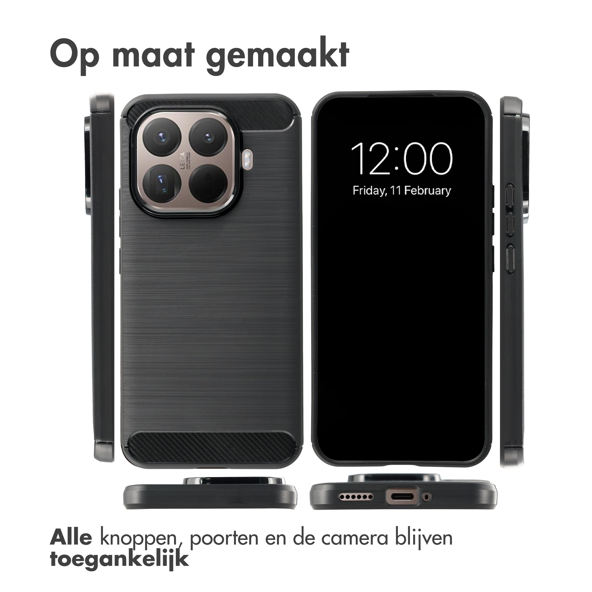 Een zwarte telefoonhoes van drie kanten met een klok op het scherm.
