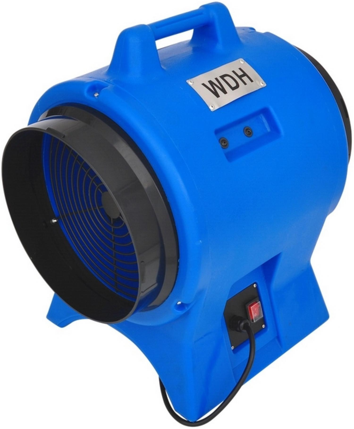 Ein blauer Gebläseventilator mit schwarzem Gitter und einem "WDH"-Schild.