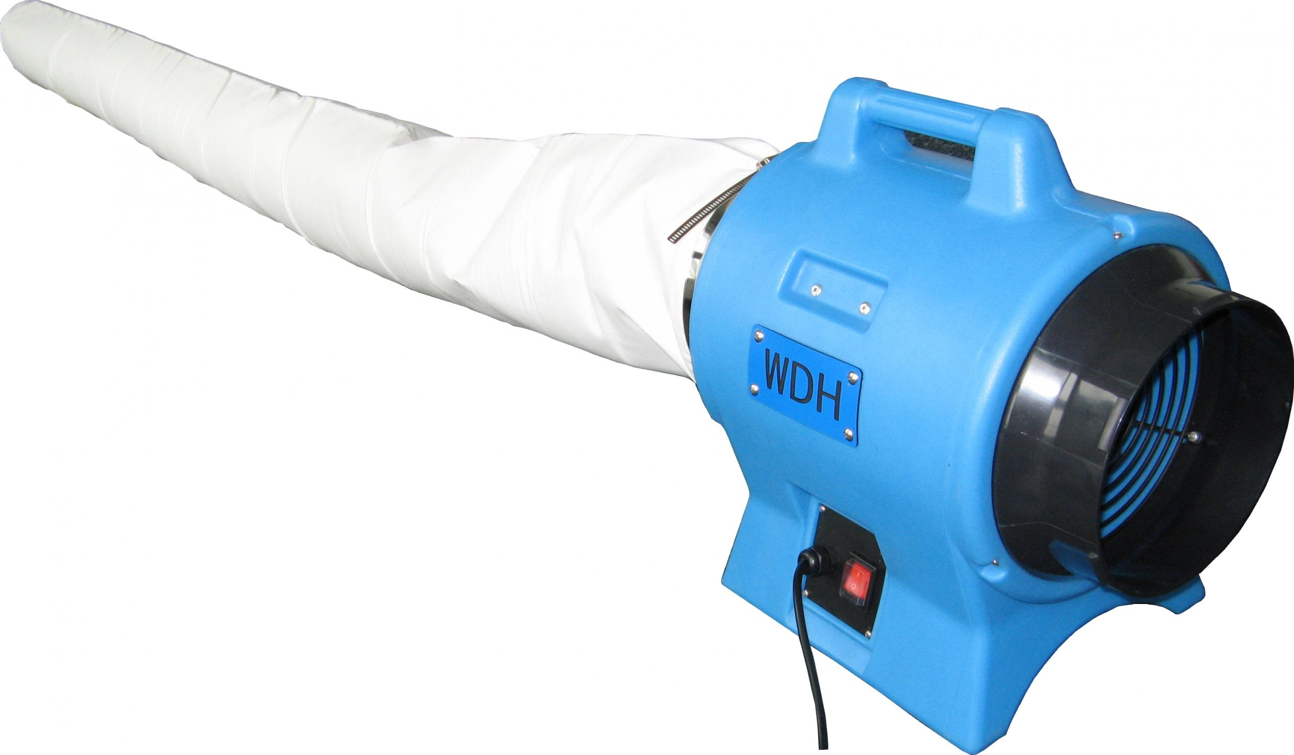 Ein blauer Gebläseventilator mit weißem Schlauch und einem 