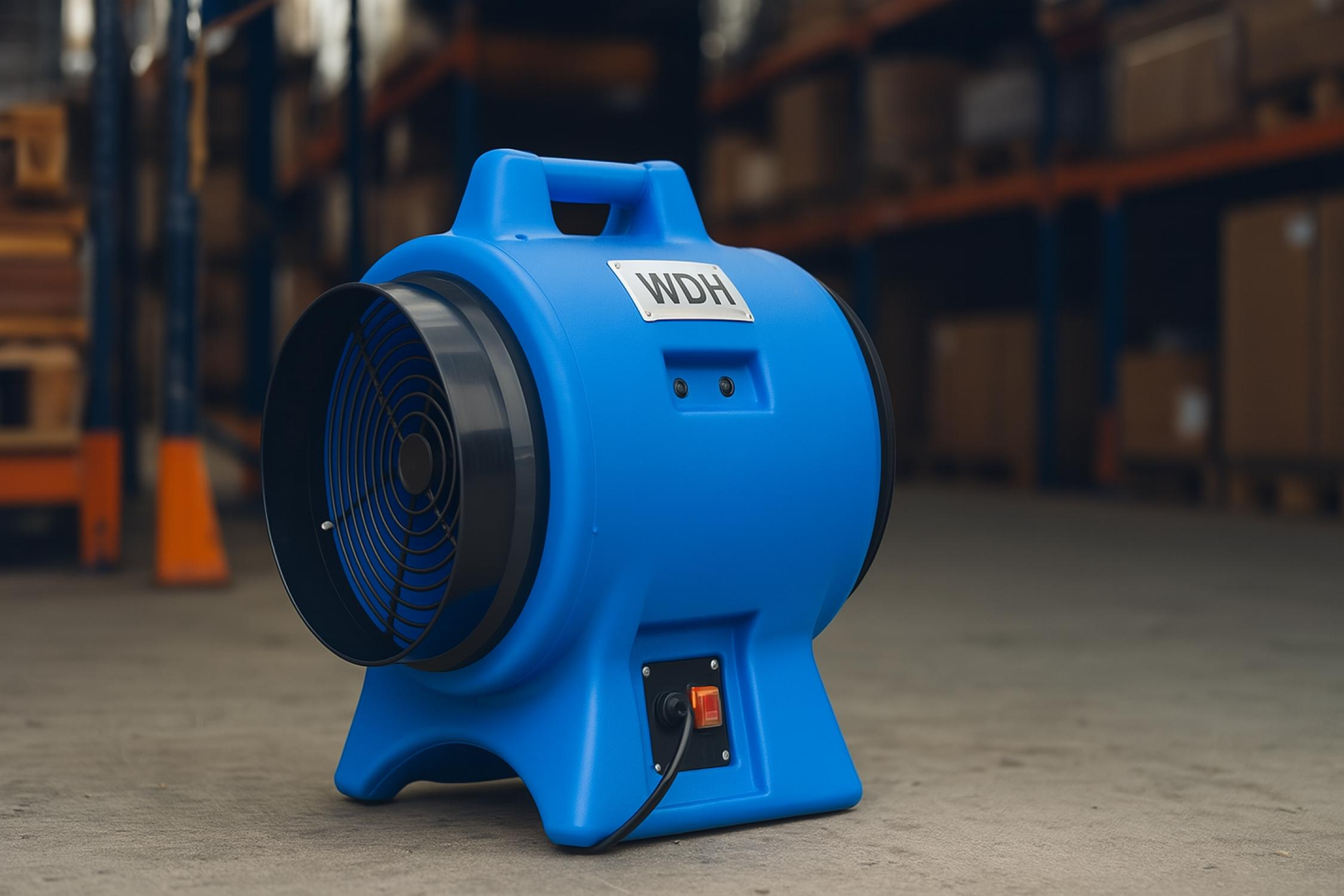 Blauer Gebläseventilator mit WDH-Logo auf einem Betonboden in einem Lagerhaus.