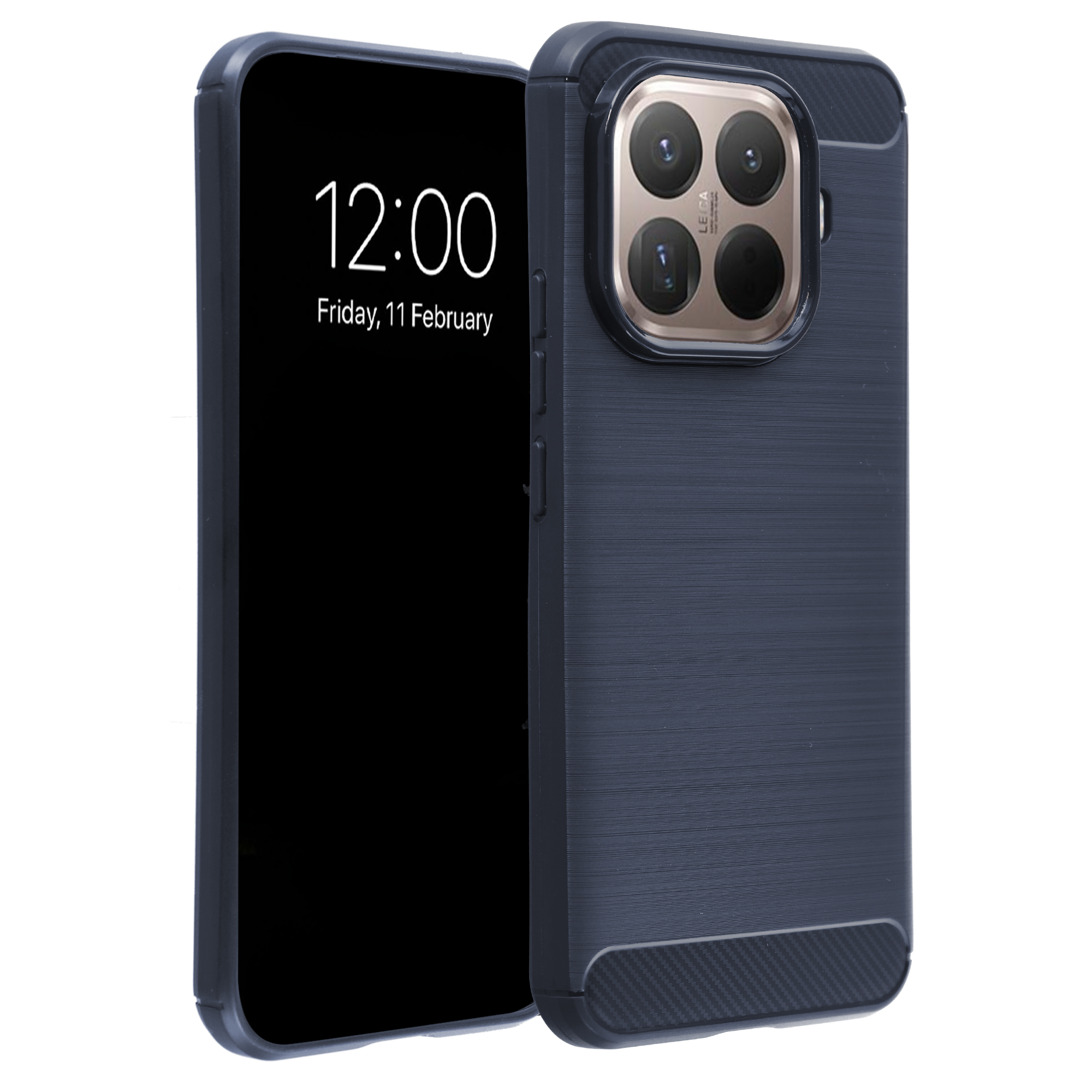 Donkerblauwe telefoon met camerasysteem en geborstelde textuur.